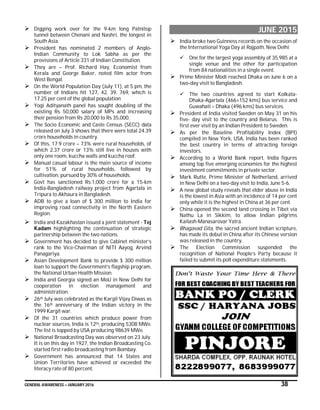 GENERAL AWARENESS – JANUARY 2016 38
 Digging work over for the 9-km long Patnitop
tunnel between Chenani and Nashri, the longest in
South Asia.
 President has nominated 2 members of Anglo-
Indian Community to Lok Sabha as per the
provisions of Article 331 of Indian Constitution.
 They are – Prof. Richard Hay, Economist from
Kerala and George Baker, noted film actor from
West Bengal.
 On the World Population Day (July 11), at 5 pm, the
number of Indians hit 127, 42, 39, 769, which is
17.25 per cent of the global population
 Yogi Adityanath panel has sought doubling of the
existing Rs 50,000 salary of MPs and increasing
their pension from Rs 20,000 to Rs 35,000.
 The Socio Economic and Caste Census (SECC) data
released on July 3 shows that there were total 24.39
crore households in country.
 Of this, 17.9 crore – 73% were rural households, of
which 2.37 crore or 13% still live in houses with
only one room, kuccha walls and kuccha roof.
 Manual casual labour is the main source of income
for 51% of rural households, followed by
cultivation, pursued by 30% of households.
 Govt has sanctioned Rs.1,000 crore for a 15-km
India-Bangladesh railway project from Agartala in
Tripura to Akhaura in Bangladesh.
 ADB to give a loan of $ 300 million to India for
improving road connectivity in the North Eastern
Region.
 India and Kazakhastan issued a joint statement - Tej
Kadam highlighting the continuation of strategic
partnership between the two nations.
 Government has decided to give Cabinet minister’s
rank to the Vice-Chairman of NITI Aayog, Arvind
Panagariya.
 Asian Development Bank to provide $ 300 million
loan to support the Government’s flagship program,
the National Urban Health Mission.
 India and Georgia signed an MoU in New Delhi for
cooperation in election management and
administration.
 26th July was celebrated as the Kargil Vijay Diwas as
the 16th anniversary of the Indian victory in the
1999 Kargil war.
 Of the 31 countries which produce power from
nuclear sources, India is 12th, producing 5308 MWe.
The list is topped by USA producing 98639 MWe.
 National Broadcasting Day was observed on 23 July.
It is on this day in 1927, the Indian Broadcasting Co.
started first radio broadcasting from Bombay.
 Government has announced that 14 States and
Union Territories have achieved or exceeded the
literacy rate of 80 percent.
JUNE 2015
 India broke two Guinness records on the occasion of
the International Yoga Day at Rajpath, New Delhi
 One for the largest yoga assembly of 35,985 at a
single venue and the other for participation
from 84 nationalities in a single event.
 Prime Minister Modi reached Dhaka on June 6 on a
two-day visit to Bangladesh.
 The two countries agreed to start Kolkata-
Dhaka-Agartala (466+152 kms) bus service and
Guwahati – Dhaka (496 kms) bus services.
 President of India visited Sweden on May 31 on his
five- day visit to the country and Belarus. This is
first ever visit by an Indian President to Sweden.
 As per the Baseline Profitability Index (BPI)
compiled in New York, USA, India has been ranked
the best country in terms of attracting foreign
investors.
 According to a World Bank report, India figures
among top five emerging economies for the highest
investment commitments in private sector.
 Mark Rutte, Prime Minister of Netherland, arrived
in New Delhi on a two-day visit to India, June 5-6.
 A new global study reveals that elder abuse in India
is the lowest in Asia with an incidence of 14 per cent
only while it is the highest in China at 36 per cent.
 China opened the second land crossing in Tibet via
Nathu La in Sikkim, to allow Indian pilgrims
Kailash-Manasarovar Yatra.
 Bhagavad Gita, the sacred ancient Indian scripture,
has made its debut in China after its Chinese version
was released in the country.
 The Election Commission suspended the
recognition of National People’s Party because it
failed to submit its poll expenditure statements.
 