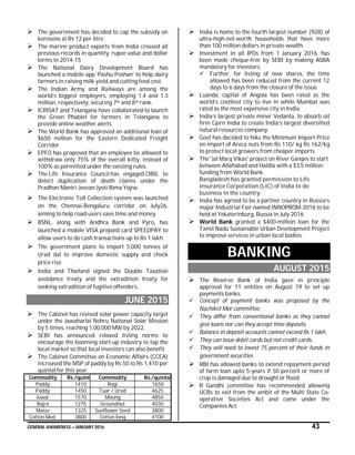 GENERAL AWARENESS – JANUARY 2016 43
 The government has decided to cap the subsidy on
kerosene at Rs 12 per litre.
 The marine product exports from India crossed all
previous records in quantity, rupee value and dollar
terms in 2014-15
 The National Dairy Development Board has
launched a mobile app ‘Pashu Poshan’ to help dairy
farmers in raising milk yield and cutting feed cost.
 The Indian Army and Railways are among the
world’s biggest employers, employing 1.4 and 1.3
million, respectively, securing 7th and 8th rank.
 ICRISAT and Telangana have collaborated to launch
the Green Phablet for farmers in Telangana to
provide online weather alerts.
 The World Bank has approved an additional loan of
$650 million for the Eastern Dedicated Freight
Corridor
 EPFO has proposed that an employee be allowed to
withdraw only 75% of the overall kitty, instead of
100% as permitted under the existing rules.
 The Life Insurance Council has engaged CIBIL to
detect duplication of death claims under the
Pradhan Mantri Jeevan Jyoti Bima Yojna.
 The Electronic Toll Collection system was launched
on the Chennai-Bengaluru corridor on July26,
aiming to help road-users save time and money.
 BSNL, along with Andhra Bank and Pyro, has
launched a mobile VISA prepaid card SPEEDPAY to
allow users to do cash transactions up to Rs 1 lakh.
 The government plans to import 5,000 tonnes of
Urad dal to improve domestic supply and check
price rise.
 India and Thailand signed the Double Taxation
avoidance treaty and the extradition treaty for
seeking extradition of fugitive offenders.
JUNE 2015
 The Cabinet has revised solar power capacity target
under the Jawaharlal Nehru National Solar Mission
by 5 times, reaching 1,00,000 MW by 2022.
 SEBI has announced relaxed listing norms to
encourage the booming start-up industry to tap the
local market so that local investors can also benefit.
 The Cabinet Committee on Economic Affairs (CCEA)
increased the MSP of paddy by Rs 50 to Rs 1,410 per
quintal for this year.
Commodity Rs./quintal Commodity Rs./quintal
Paddy 1410 Ragi 1650
Paddy 1450 Tuar / Urad 4625
Jowar 1570 Moong 4850
Bajra 1275 Groundnut 4030
Maize 1325 Sunflower Seed 3800
Cotton Med. 3800 Cotton long 4100
 India is home to the fourth largest number (928) of
ultra-high-net-worth households that have more
than 100 million dollars in private wealth.
 Investment in all IPOs from 1 January 2016, has
been made cheque-free by SEBI by making ASBA
mandatory for investors.
 Further, for listing of new shares, the time
allowed has been reduced from the current 12
days to 6 days from the closure of the issue.
 Luanda, capital of Angola has been rated as the
world’s costliest city to live in while Mumbai was
rated as the most expensive city in India.
 India’s largest private miner Vedanta, to absorb oil
firm Cairn India to create India’s largest diversified
natural resources company.
 Govt has decided to hike the Minimum Import Price
on import of Areca nuts from Rs 110/ kg Rs 162/kg
to protect local growers from cheaper imports.
 The 'Jal Marg Vikas' project on River Ganges to start
between Allahabad and Haldia with a $3.5 million
funding from World Bank.
Bangladesh has granted permission to Life
Insurance Corporation (LIC) of India to do
business in the country
 India has agreed to be a partner country in Russia’s
major Industrial Fair named INNOPROM-2016 to be
held at Yekaterinburg, Russia in July 2016
 World Bank granted a $400-million loan for the
Tamil Nadu Sustainable Urban Development Project
to improve services in urban local bodies.
BANKING
AUGUST 2015
 The Reserve Bank of India gave in principle
approval for 11 entities on August 19 to set up
payments banks.
 Concept of payment banks was proposed by the
Nachiket Mor committee.
 They differ from conventional banks as they cannot
give loans nor can they accept time deposits.
 Balance in deposit accounts cannot exceed Rs 1 lakh.
 They can issue debit cards but not credit cards.
 They will need to invest 75 percent of their funds in
government securities
 RBI has allowed banks to extend repayment period
of farm loan upto 5-years if 50 percent or more of
crop is damaged due to drought or flood.
 R Gandhi committee has recommended allowing
UCBs to exit from the ambit of the Multi State Co-
operative Societies Act and come under the
Companies Act.
 