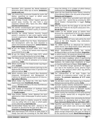 GENERAL AWARENESS – JANUARY 2016 77
November 2015 launched the World Antibiotic
Awareness Week. What was its theme: Antibiotics
handle with care
139) 7th Central Pay Commission headed by Justice AK
Mathur submitted its report to which union
ministry: Finance Ministry
140) Ram Krishna Trivedi, Former Gujarat governor
passed away recently. He also held a very
important national office. Name this office: Chief
Election Commissioner
141) The world's second-largest gem quality diamond
has been discovered in which country in southern
Africa: Botswana
142) Recently the United Nations Security Council
passed a resolution to take action against which
terrorist organisation: Islamic State of Iraq and
Syria (ISIS)
143) The Indira Gandhi Prize For Peace, Disarmament
And Development- 2015 has been Awarded to
which International Organisation: United Nations
High Commissioner for Refugees
144) As per the Global Terrorism Index 2015, India
ranks __________ in list of 162 nations most impacted
by terrorism in 2014: 6th
145) As per the Global Terrorism Index 2015, which
country is worst affected by the terrorism: Iraq
146) The Global Gender Gap Report 2015 ranks India at
_________ place in terms of utilisation of its female
work force: 108th
147) Which country tops The Global Gender Gap Report
2015: Iceland
148) In which country Islamist militants laid siege to the
Radisson Blu Hotel, killing at least 27 persons from
different nations: Mali
149) Which ministry plans to launch Blue Revolution
Integrated Development and Management of
Fisheries for growth and development of fisheries:
Agriculture Ministry
150) Which Indian city hosted the 17th Asia Pacific
Youth Forum meet: Kozhikode, Kerala
151) _________ has been elected as the new Chief Minister
of Bihar: Nitish Kumar
152) 27th summit of Association of Southeast Asian
Nations (ASEAN) was held in _________on November
21: Kuala Lumpur
153) Vijay Keshav Gokhale, Senior diplomat has been
appointed as India’s Ambassador to which country:
China
154) Government plans to mobilise around Rs. 20,000
crore by selling 10% of its stake in which public
sector undertaking: Coal India Ltd
155) Harshavardhan Neotia has been elected as the
President of the FICCI for the year 2016. Who is he:
Chairman of Ambuja group of industries
156) 46th International Film Festival of India began in
Panaji, Goa with the screening of The Man Who
Knew the Infinity. It is a biopic of which famous
mathematician: Srinivas Ramanujan
157) Name the two South-East Asian nations visited by
Prime Minister Modi in the 3rd week of November:
Malaysia and Singapore
158) Name the India's most successful cueist who won
the record 15th world title by winning the IBSF
World Snooker Championship in Egypt: Pankaj
Advani
159) Who has become the first player to win the ATP
World Tour Finals for the fourth consecutive time:
Novak Djokovic
160) Leaders of the ASEAN group of nations have
declared the establishment of an EU-style regional
economic bloc. Give its name: ASEAN Economic
Community (AEC)
161) Name the President of France who will be the chief
guest at the 2016 Republic Day celebrations:
Francois Hollande
162) The DRDO test-fired an Advanced Air Defence
(AAD) missile from Abdul Kalam island. What kind
of missile is it: Intreceptor missile
163) Which South-American country has elected
Mr.Mauricio Macri as its new President: Argentina
164) In which country, the young pro-democracy voters
are known as Umbrella Soldiers: Hong Kong
165) Name the India’s neighbour which is experiencing
hardships due to ongoing Madhesi Agitation: Nepal
166) Madhesis, the Indian-origin inhabitants of Nepal
are found in which part of Nepal: Terai region
167) In a $ 160 billion merger agreement, the biggest
ever deal in the healthcare sector, pharma major
Pfizer Inc has acquired which other big pharma
company: Allergan Plc
168) The Confederation of All India Traders has
launched an e-commerce portal, ‘e-lala’ for what
purpose: To promote bussiness of 5.77 crore
small units
169) The 8th Men’s Junior Asia Hockey Cup at Kuantan,
Malaysia was won by which country: India
170) Ramnath Goenka Lifetime Achievement Award is
given for excellence in which field: Journalism
171) Who is the recent winner of Ramnath Goenka
Lifetime Achievement Award: Kuldip Nayar
172) Which country has launched its first early warning
system satellite named EKS or Integrated Space
System: Russia
173) Name the three Indian cities selected by the British
government for developing them as 'Smart City':
Pune, Amravati (Maharashtra) and Indore (MP)
174) Rajasthan government has signed a ‘sister-state
agreement’ with which state of Australia: South
Australia
175) Which international organization has said that
global average temperatures this year are likely to
be the warmest on record: World Meteorological
 