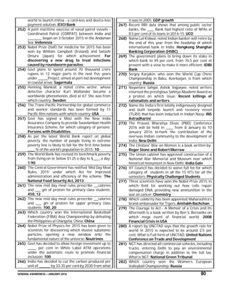 GENERAL AWARENESS – JANUARY 2016 80
world to launch mVisa - a card-less and device-less
payment solution: ICICI Bank
252) A joint maritime exercise of naval patrol vessels -
Coordinated Patrol (CORPAT) between India and
__________ began on 3 October 2015 in the Andaman
Sea: Indonesia
253) Nobel Prize (half) for medicine for 2015 has been
won by William Campbell (Ireland) and Satoshi
Omura (Japan) for which achievement: For
discovering a new drug to treat infections
caused by roundworm parasites
254) Govt plans to spend around 70 thousand crore
rupees in 12 major ports in the next five years
under _______Project, aimed at port-led development
in coastal areas: Sagarmala
255) Henning Mankell, a noted crime writer, whose
detective character Kurt Wallander became a
worldwide phenomenon, died at 67. She was from
which country: Sweden
256) The Trans-Pacific Partnership for global commerce
and worker standards has been formed by 11
Pacific Rim nations with which country: USA
257) Govt has signed a MoU with the New India
Assurance Company to provide Swavlamban Health
Insurance Scheme, for which category of persons:
Persons with Disabilities
258) As per the latest World Bank report on global
poverty, the number of people living in extreme
poverty line is likely to fall for the first time below
_____ % of the world’s population in 2015: 10
259) The World Bank has revised its benchmark poverty
from living on or below $1.25 a day to $_____ a day:
1.90
260) The Central Government has notified ‘Mid Day Meal
Rules, 2015’ under which Act for improved
administration and efficiency of the scheme: The
National Food Security Act, 2013
261) The new mid day meal rules prescribe ___calories
and ____ gm of protein for primary class students:
450, 12
262) The new mid day meal rules prescribe ___calories
and ____ gm of protein for upper primary class
students: 700, 20
263) Which country won the International Basketball
Federation (FIBA) Asia Championship by defeating
the Philippines at Changsha, China: China
264) Nobel Prize of Physics for 2015 has been given to
scientists for discovering which elusive subatomic
particles, opening a new window onto the
fundamental nature of the universe: Neutrinos
265) Govt has decided to allow foreign investment up to
______ per cent in White Label ATM operations
under the automatic route to promote financial
inclusion: 100
266) India has decided to cut the carbon produced per
unit of ________ by 33-35 per cent by 2030 from what
it was in 2005: GDP growth
267) Recent RBI data shows that among public sector
banks, the _____ Bank had highest ratio of NPAs at
8.5 per cent of its loans in 2014-15: UCO
268) Naina Lal Kidwai, noted Indian banker will retire by
the end of this year from the headship of which
international bank in India: Hongkong Shanghai
Banking Corporation (HSBC)
269) The government plans to bring down its stake in
which bank to 49 per cent, from 76.5 per cent at
present with a view to make it more efficient: IDBI
Bank
270) Sergey Karjakin, who won the World Cup Chess
Championship in Baku, Azerbaijan, is from which
country: Russia
271) Nayantara Sahgal, Ashok Vajpayee, noted writers
returned the prestigious Sahitya Akademi Award as
a protest on which issue: Recent killings of
rationalists and writers
272) Name the India’s first totally indigenously designed
and built torpedo launch and recovery vessel
(TLRV) that has been inducted in Indian Navy: INS
Astradharini
273) The Pravasi Bharatiya Divas (PBD) Conference
2016 will be held in _____ from 8 January to 10
January 2016 to mark the contribution of the
overseas Indian community to the development of
India: New Delhi
274) The Clintons' War on Women is a book written by:
Roger Stone and Robert Morrow
275) The Union cabinet has approved construction of a
National War Memorial and Museum near which
historical monument in New Delhi: India Gate
276) IIT Council has decided to waive full fee for which
category of students in all the 15 IITs for all the
semesters: Physically Challenged Students
277) Three scientists have won the Nobel Prize 2015 in
which field for working out how cells repair
damaged DNA, providing new ammunition in the
war on cancer: Chemistry
278) Which celebrity has been appointed Maharashtra’s
brand ambassador for Tigers: Amitabh Bachchan
279) The Courage to Act - A Memoir of a Crisis and Its
Aftermath is a book written by Ben S. Bernanke on
which mega event of financial world: 2008
Financial Crisis in USA
280) A report by UNCTAD says that the growth rate for
world in 2015 is expected to be around 2.5 per
cent. What is Full form of UNCTAD: United Nations
Conference on Trade and Development
281) NGT has directed all commercial vehicles, including
trucks, entering Delhi to pay an environmental
compensation charge in addition to the toll tax.
What is NGT: National Green Tribunal
282) Which country won the Women’s European
Volleyball Championship: Russia
 