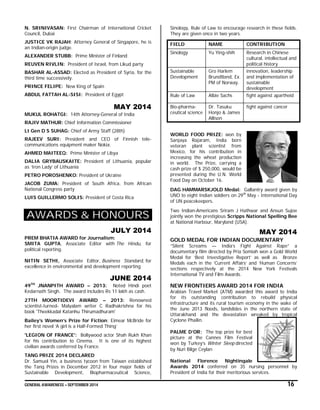 GENERAL AWARENESS – SEPTEMBER 2014 16
N. SRINIVASAN: First Chairman of International Cricket
Council, Dubai
JUSTICE VK RAJAH: Attorney General of Singapore, he is
an Indian-origin judge.
ALEXANDER STUBB: Prime Minister of Finland
REUVEN RIVLIN: President of Israel, from Likud party
BASHAR AL-ASSAD: Elected as President of Syria, for the
third time successively.
PRINCE FELIPE: New King of Spain
ABDUL FATTAH AL-SISI: President of Egypt
MAY 2014
MUKUL ROHATGI: 14th Attorney-General of India
RAJIV MATHUR: Chief Information Commissioner
Lt Gen D S SUHAG: Chief of Army Staff (28th)
RAJEEV SURI: President and CEO of Finnish tele-
communications equipment maker Nokia.
AHMED MAITEEQ: Prime Minister of Libya
DALIA GRYBAUSKAITE: President of Lithuania, popular
as ‘Iron Lady’ of Lithuania
PETRO POROSHENKO: President of Ukraine
JACOB ZUMA: President of South Africa, from African
National Congress party
LUIS GUILLERMO SOLIS: President of Costa Rica
AWARDS & HONOURS
JULY 2014
PREM BHATIA AWARD for Journalism:
SMITA GUPTA, Associate Editor with The Hindu, for
political reporting.
NITIN SETHI, Associate Editor, Business Standard, for
excellence in environmental and development reporting
JUNE 2014
49TH
JNANPITH AWARD – 2013: Noted Hindi poet
Kedarnath Singh. The award includes Rs 11 lakh as cash.
27TH MOORTIDEVI AWARD – 2013: Renowned
scientist-turned- Malyalam writer C Radhakrishna for his
book 'Theekkadal Katanhu Thirumadhuram'
Bailey’s Women’s Prize for Fiction: Eimear McBride for
her first novel ‘A girl is a Half-Formed Thing’
'LEGION OF FRANCE': Bollywood actor Shah Rukh Khan
for his contribution to Cinema. It is one of its highest
civilian awards conferred by France.
TANG PRIZE 2014 DECLARED
Dr. Samuel Yin, a business tycoon from Taiwan established
the Tang Prizes in December 2012 in four major fields of
Sustainable Development, Biopharmaceutical Science,
Sinology, Rule of Law to encourage research in these fields.
They are given once in two years.
FIELD NAME CONTRIBUTION
Sinology Yu Ying-shih Research in Chinese
cultural, intellectual and
political history
Sustainable
Development
Gro Harlem
Brundtland, Ex.
PM of Norway.
innovation, leadership
and implementation of
sustainable
development
Rule of Law Albie Sachs fight against apartheid
Bio-pharma-
ceutical science
Dr. Tasuku
Honjo & James
Allison
fight against cancer
WORLD FOOD PRIZE: won by
Sanjaya Rajaram, India born
veteran plant scientist from
Mexico, for his contribution in
increasing the wheat production
in world. The Prize, carrying a
cash prize of $ 250,000, would be
presented during the U.N. World
Food Day on October 16.
DAG HAMMARSKJOLD Medal: Gallantry award given by
UNO to eight Indian soldiers on 29th
May - International Day
of UN peacekeepers.
Two Indian-Americans Sriram J Hathwar and Ansun Sujoe
jointly won the prestigious Scripps National Spelling Bee
at National Harbour, Maryland (USA).
MAY 2014
GOLD MEDAL FOR INDIAN DOCUMENTARY
“Silent Screams — India’s Fight Against Rape” a
documentary film directed by Pria Somiah won a Gold World
Medal for ‘Best Investigative Report’ as well as Bronze
Medals each in the ‘Current Affairs’ and ‘Human Concerns’
sections respectively at the 2014 New York Festivals
International TV and Film Awards.
NEW FRONTIERS AWARD 2014 FOR INDIA
Arabian Travel Market (ATM) awarded this award to India
for its outstanding contribution to rebuild physical
infrastructure and its rural tourism economy in the wake of
the June 2013 floods, landslides in the northern state of
Uttarakhand and the devastation wreaked by tropical
Cyclone Phailin.
PALME D’OR: The top prize for best
picture at the Cannes Film Festival
won by Turkey’s Winter Sleep directed
by Nuri Bilge Ceylan
National Florence Nightingale
Awards 2014 conferred on 35 nursing personnel by
President of India for their meritorious services.
 