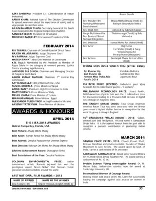 GENERAL AWARENESS – SEPTEMBER 2014 30
AJAY SHRIRAM: President CII (Confederation of Indian
Industries)
AAMIR KHAN: National Icon of The Election Commission
to spread awareness about the importance of voting and to
urge people to cast their votes.
ARJUN BAHADUR THAPA: Secretary General of the South
Asian Association for Regional Cooperation (SAARC).
SANCHEZ CEREN: President of El Salvador
MICHELLE BACHELET: First women President of Chile
FEBRUARY 2014
R K TIWARI: Chairman of Central Board of Direct Taxes
RAJESH KR. AGRAWAL: Judge, Supreme Court
N V RAMANA: Judge, Supreme Court
HARISH RAWAT: New Chief Minister of Uttrakhand
KTS TULSI: Nominated by the President as Member of
Rajya Sabha in the category of eminent persons. Justice
Tulsi is a leading legal luminary.
JATINDER BIR SINGH: Chairman and Managing Director
of Punjab & Sindh Bank
ASHOK KUMAR MATHUR: Chairman, 7th
Central Pay
Commission
SATYA NADELLA: CEO of Microsoft Inc., USA
SUSHIL KOIRALA: Prime Minister of Nepal
ABDUL BASIT: Pakistan’s High Commissioner to India
MATTEO RENZI: Prime Minister of Italy
MEHDI JOMAA: Prime Minister of Tunisia
IBRAHIM MAHLAB: Prime Minister, Egypt
OLEKSANDR TURCHYNOV: Acting President of Ukraine
ARSENIY YATSENYUK: Prime Minister of Ukraine
AWARDS & HONOURS
APRIL 2014
THE IIFA 2014 AWARDS
Held at Tampa Bay, Florida, USA
Best Picture: Bhaag Milkha Bhaag
Best Actor: Farhan Akhtar for Bhaag Milkha Bhaag
Best Actress: Deepika Padukone for Chennai Express
Best Director: Rakeysh Om Mehra for Bhaag Milkha Bhaag
Lifetime Achievement Award: Shatrughan Sinha
Best Entertainer of the Year: Deepika Padukone
GOLDMAN ENVIRONMENTAL PRIZE: Indian
environment activist Ramesh Agrawal has won the
prestigious award ‘Green Nobel’ that honours heroic
grassroot environmentalists around the world.
61ST NATIONAL FILM AWARDS – 2013
NAME OF AWARD NAME OF THE WINNER
Best Feature Film Ship of Theseus (English-Hindi) by
Anand Gandhi
Best Popular Film
Providing Wholesome
Entertainment
Bhaag Milkha Bhaag (Hindi) by
Rakeysh Omprakash Mehra
Best Hindi Film Jolly LLB by Subhash Kapoor
Nargis Dutt Award for
Best Feature Film on
National Integration
Thalaimuraigal(Tamil) by Balu
Mahendra
Best Direction Hansal Mehta for Shahid (Hindi)
Best Actor Raj Kumar
For Shahid (Hindi) & Suraj
Venjaramoodu for
Perariyathavar(Malayalam)
Best Actress Geetanjali Thapa for Liar’s Dice
(Hindi)
FEMINA MISS INDIA WORLD 2014 (KOYAL RANA)
1st Runner Up Jhataleka Malhotra
2nd Runner Up Gail Nicole Da Silva
Femina Miss India Asia Lopamudra Raut
Pacific 2014
PULITZER PRIZE (POETRY): India-born poet Vijay
Seshadri, for his collection of poems – ‘3 sections’.
MILLENNIUM TECHNOLOGY PRIZE: Stuart Parkin,
British-American physicist has won the 1 million-Euro prize
for discoveries leading to a thousand-fold increase in digital
data storage on magnetic disks.
THE KNIGHT GRAND CROSS: Tata Group chairman
emeritus Ratan Tata has been decorated with the British
government’s highest civilian honour in recognition for the
work his group is doing in England.
45th
DADASAHEB PHALKE AWARD – 2013: Gulzar,
veteran poet and film lyricist. His real name is Sampooran
Singh Kalra. It is the highest honour from the govt side to
recognize a person’s contribution in promoting Indian
cinema.
MARCH 2014
GANDHI PEACE PRIZE- 2013: Chandi Prasad Bhatt,
Eminent Gandhian and environmentalist, founder of ‘Chipko
Movement’ to save forests. The award, given by Govt. of
India, carries a cash reward of Rs one crore.
SARASWATI SAMMAN 2013: Noted writer Govind Mishra
for his Hindi novel, Dhool Paudhon Par. The award carries a
cash reward of Rs. 10 lac.
Protein Science Young Investigator Award: Dr. M.
Madan Babu, Indian-born scientist won the award at
Cambridge University, UK.
International Women of Courage Award:
Won by Indian acid attack victim, Ms. Laxmi for successfully
leading the campaign against acid attacks on women in
India.
 