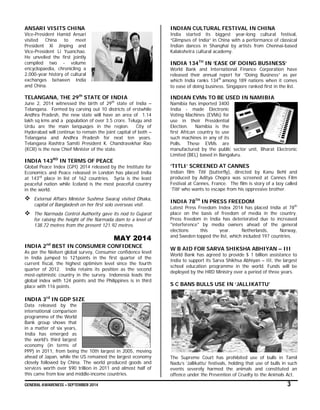 GENERAL AWARENESS – SEPTEMBER 2014 3
ANSARI VISITS CHINA
Vice-President Hamid Ansari
visited China to meet
President Xi Jinping and
Vice-President Li Yuanchao.
He unveiled the first jointly
compiled two - volume
encyclopaedia, chronicling a
2,000-year history of cultural
exchanges between India
and China.
TELANGANA, THE 29th
STATE OF INDIA
June 2, 2014 witnessed the birth of 29th
state of India –
Telangana. Formed by carving out 10 districts of erstwhile
Andhra Pradesh, the new state will have an area of 1.14
lakh sq kms and a population of over 3.5 crore. Telugu and
Urdu are the main languages in the region. City of
Hyderabad will continue to remain the joint capital of both –
Telangana and Andhra Pradesh for next ten years.
Telangana Rashtra Samiti President K. Chandrasekhar Rao
(KCR) is the new Chief Minister of the state.
INDIA 143RD
IN TERMS OF PEACE
Global Peace Index (GPI) 2014 released by the Institute for
Economics and Peace released in London has placed India
at 143rd
place in list of 162 countries. Syria is the least
peaceful nation while Iceland is the most peaceful country
in the world.
 External Affairs Minister Sushma Swaraj visited Dhaka,
capital of Bangladesh on her first solo overseas visit.
 The Narmada Control Authority gave its nod to Gujarat
for raising the height of the Narmada dam to a level of
138.72 metres from the present 121.92 metres.
MAY 2014
INDIA 2nd
BEST IN CONSUMER CONFIDENCE
As per the Nielsen global survey, Consumer confidence level
in India jumped to 121points in the first quarter of the
current fiscal, the highest optimism level since the fourth
quarter of 2012. India retains its position as the second
most-optimistic country in the survey. Indonesia leads the
global index with 124 points and the Philippines is in third
place with 116 points.
INDIA 3rd
IN GDP SIZE
Data released by the
international comparison
programme of the World
Bank group shows that
in a matter of six years,
India has emerged as
the world's third largest
economy (in terms of
PPP) in 2011, from being the 10th largest in 2005, moving
ahead of Japan, while the US remained the largest economy
closely followed by China. The world produced goods and
services worth over $90 trillion in 2011 and almost half of
this came from low and middle-income countries.
INDIAN CULTURAL FESTIVAL IN CHINA
India started its biggest year-long cultural festival,
“Glimpses of India” in China with a performance of classical
Indian dances in Shanghai by artists from Chennai-based
Kalakshetra cultural academy.
INDIA 134TH
IN ‘EASE OF DOING BUSINESS’
World Bank and International Finance Corporation have
released their annual report for “Doing Business” as per
which India ranks 134th
among 189 nations when it comes
to ease of doing business. Singapore ranked first in the list.
INDIAN EVMs TO BE USED IN NAMIBIA
Namibia has imported 3400
India - made Electronic
Voting Machines (EVMs) for
use in their Presidential
Election. Namibia is the
first African country to use
such machines in any of its
Polls. These EVMs are
manufactured by the public sector unit, Bharat Electronic
Limited (BEL) based in Bangaluru.
‘TITLI’ SCREENED AT CANNES
Indian film Titli (butterfly), directed by Kanu Behl and
produced by Aditya Chopra was screened at Cannes Film
Festival at Cannes, France. The film is story of a boy called
‘Titli’ who wants to escape from his oppressive brother.
INDIA 78TH
IN PRESS FREEDOM
Latest Press Freedom Index 2014 has placed India at 78th
place on the basis of freedom of media in the country.
Press freedom in India has deteriorated due to increased
"interference" by media owners ahead of the general
elections this year. Netherlands, Norway,
and Sweden topped the list, which included 197 countries.
W B AID FOR SARVA SHIKSHA ABHIYAN – III
World Bank has agreed to provide $ 1 billion assistance to
India to support its Sarva Shikhsa Abhiyan – III, the largest
school education programme in the world. Funds will be
deployed by the HRD Ministry over a period of three years.
S C BANS BULLS USE IN ‘JALLIKATTU’
The Supreme Court has prohibited use of bulls in Tamil
Nadu’s ‘Jallikattu’ festivals, holding that use of bulls in such
events severely harmed the animals and constituted an
offence under the Prevention of Cruelty to the Animals Act.
 