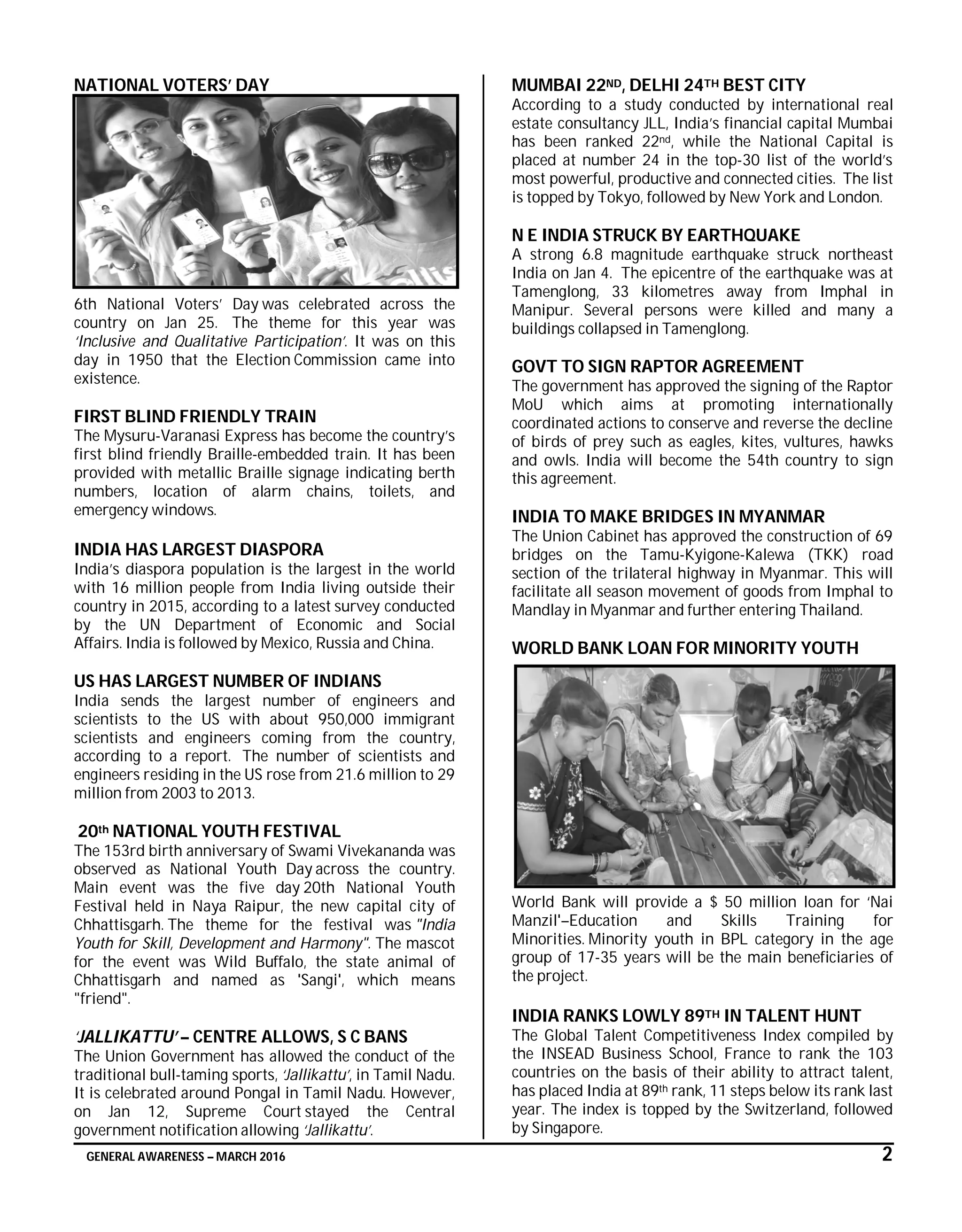 GENERAL AWARENESS – MARCH 2016 2
NATIONAL VOTERS’ DAY
6th National Voters’ Day was celebrated across the
country on Jan 25. The theme for this year was
‘Inclusive and Qualitative Participation’. It was on this
day in 1950 that the Election Commission came into
existence.
FIRST BLIND FRIENDLY TRAIN
The Mysuru-Varanasi Express has become the country’s
first blind friendly Braille-embedded train. It has been
provided with metallic Braille signage indicating berth
numbers, location of alarm chains, toilets, and
emergency windows.
INDIA HAS LARGEST DIASPORA
India’s diaspora population is the largest in the world
with 16 million people from India living outside their
country in 2015, according to a latest survey conducted
by the UN Department of Economic and Social
Affairs. India is followed by Mexico, Russia and China.
US HAS LARGEST NUMBER OF INDIANS
India sends the largest number of engineers and
scientists to the US with about 950,000 immigrant
scientists and engineers coming from the country,
according to a report. The number of scientists and
engineers residing in the US rose from 21.6 million to 29
million from 2003 to 2013.
20th NATIONAL YOUTH FESTIVAL
The 153rd birth anniversary of Swami Vivekananda was
observed as National Youth Day across the country.
Main event was the five day 20th National Youth
Festival held in Naya Raipur, the new capital city of
Chhattisgarh. The theme for the festival was "India
Youth for Skill, Development and Harmony". The mascot
for the event was Wild Buffalo, the state animal of
Chhattisgarh and named as 'Sangi', which means
"friend".
‘JALLIKATTU’ – CENTRE ALLOWS, S C BANS
The Union Government has allowed the conduct of the
traditional bull-taming sports, ‘Jallikattu’, in Tamil Nadu.
It is celebrated around Pongal in Tamil Nadu. However,
on Jan 12, Supreme Court stayed the Central
government notification allowing ‘Jallikattu’.
MUMBAI 22ND, DELHI 24TH BEST CITY
According to a study conducted by international real
estate consultancy JLL, India’s financial capital Mumbai
has been ranked 22nd, while the National Capital is
placed at number 24 in the top-30 list of the world’s
most powerful, productive and connected cities. The list
is topped by Tokyo, followed by New York and London.
N E INDIA STRUCK BY EARTHQUAKE
A strong 6.8 magnitude earthquake struck northeast
India on Jan 4. The epicentre of the earthquake was at
Tamenglong, 33 kilometres away from Imphal in
Manipur. Several persons were killed and many a
buildings collapsed in Tamenglong.
GOVT TO SIGN RAPTOR AGREEMENT
The government has approved the signing of the Raptor
MoU which aims at promoting internationally
coordinated actions to conserve and reverse the decline
of birds of prey such as eagles, kites, vultures, hawks
and owls. India will become the 54th country to sign
this agreement.
INDIA TO MAKE BRIDGES IN MYANMAR
The Union Cabinet has approved the construction of 69
bridges on the Tamu-Kyigone-Kalewa (TKK) road
section of the trilateral highway in Myanmar. This will
facilitate all season movement of goods from Imphal to
Mandlay in Myanmar and further entering Thailand.
WORLD BANK LOAN FOR MINORITY YOUTH
World Bank will provide a $ 50 million loan for ‘Nai
Manzil'–Education and Skills Training for
Minorities. Minority youth in BPL category in the age
group of 17-35 years will be the main beneficiaries of
the project.
INDIA RANKS LOWLY 89TH IN TALENT HUNT
The Global Talent Competitiveness Index compiled by
the INSEAD Business School, France to rank the 103
countries on the basis of their ability to attract talent,
has placed India at 89th rank, 11 steps below its rank last
year. The index is topped by the Switzerland, followed
by Singapore.
 