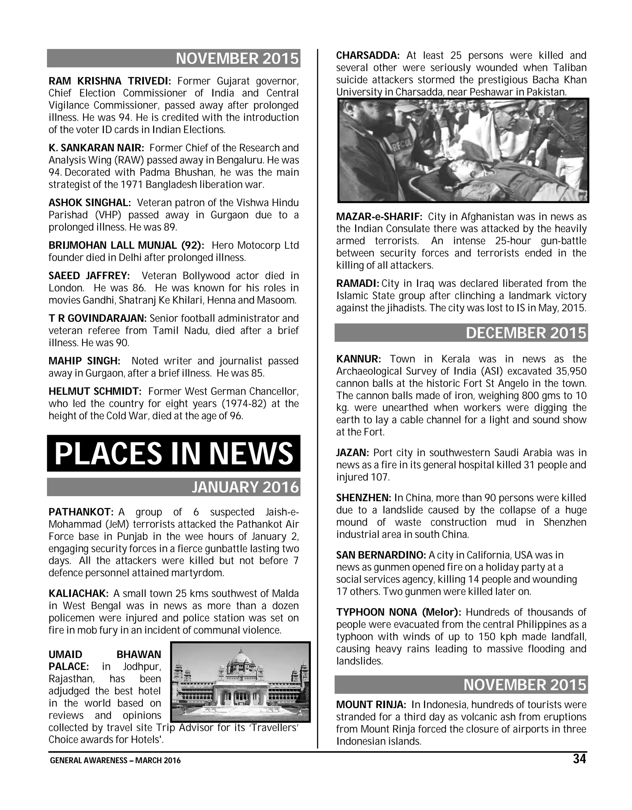 GENERAL AWARENESS – MARCH 2016 34
NOVEMBER 2015
RAM KRISHNA TRIVEDI: Former Gujarat governor,
Chief Election Commissioner of India and Central
Vigilance Commissioner, passed away after prolonged
illness. He was 94. He is credited with the introduction
of the voter ID cards in Indian Elections.
K. SANKARAN NAIR: Former Chief of the Research and
Analysis Wing (RAW) passed away in Bengaluru. He was
94. Decorated with Padma Bhushan, he was the main
strategist of the 1971 Bangladesh liberation war.
ASHOK SINGHAL: Veteran patron of the Vishwa Hindu
Parishad (VHP) passed away in Gurgaon due to a
prolonged illness. He was 89.
BRIJMOHAN LALL MUNJAL (92): Hero Motocorp Ltd
founder died in Delhi after prolonged illness.
SAEED JAFFREY: Veteran Bollywood actor died in
London. He was 86. He was known for his roles in
movies Gandhi, Shatranj Ke Khilari, Henna and Masoom.
T R GOVINDARAJAN: Senior football administrator and
veteran referee from Tamil Nadu, died after a brief
illness. He was 90.
MAHIP SINGH: Noted writer and journalist passed
away in Gurgaon, after a brief illness. He was 85.
HELMUT SCHMIDT: Former West German Chancellor,
who led the country for eight years (1974-82) at the
height of the Cold War, died at the age of 96.
PLACES IN NEWS
JANUARY 2016
PATHANKOT: A group of 6 suspected Jaish-e-
Mohammad (JeM) terrorists attacked the Pathankot Air
Force base in Punjab in the wee hours of January 2,
engaging security forces in a fierce gunbattle lasting two
days. All the attackers were killed but not before 7
defence personnel attained martyrdom.
KALIACHAK: A small town 25 kms southwest of Malda
in West Bengal was in news as more than a dozen
policemen were injured and police station was set on
fire in mob fury in an incident of communal violence.
UMAID BHAWAN
PALACE: in Jodhpur,
Rajasthan, has been
adjudged the best hotel
in the world based on
reviews and opinions
collected by travel site Trip Advisor for its ‘Travellers’
Choice awards for Hotels'.
CHARSADDA: At least 25 persons were killed and
several other were seriously wounded when Taliban
suicide attackers stormed the prestigious Bacha Khan
University in Charsadda, near Peshawar in Pakistan.
MAZAR-e-SHARIF: City in Afghanistan was in news as
the Indian Consulate there was attacked by the heavily
armed terrorists. An intense 25-hour gun-battle
between security forces and terrorists ended in the
killing of all attackers.
RAMADI: City in Iraq was declared liberated from the
Islamic State group after clinching a landmark victory
against the jihadists. The city was lost to IS in May, 2015.
DECEMBER 2015
KANNUR: Town in Kerala was in news as the
Archaeological Survey of India (ASI) excavated 35,950
cannon balls at the historic Fort St Angelo in the town.
The cannon balls made of iron, weighing 800 gms to 10
kg. were unearthed when workers were digging the
earth to lay a cable channel for a light and sound show
at the Fort.
JAZAN: Port city in southwestern Saudi Arabia was in
news as a fire in its general hospital killed 31 people and
injured 107.
SHENZHEN: In China, more than 90 persons were killed
due to a landslide caused by the collapse of a huge
mound of waste construction mud in Shenzhen
industrial area in south China.
SAN BERNARDINO: A city in California, USA was in
news as gunmen opened fire on a holiday party at a
social services agency, killing 14 people and wounding
17 others. Two gunmen were killed later on.
TYPHOON NONA (Melor): Hundreds of thousands of
people were evacuated from the central Philippines as a
typhoon with winds of up to 150 kph made landfall,
causing heavy rains leading to massive flooding and
landslides.
NOVEMBER 2015
MOUNT RINJA: In Indonesia, hundreds of tourists were
stranded for a third day as volcanic ash from eruptions
from Mount Rinja forced the closure of airports in three
Indonesian islands.
 