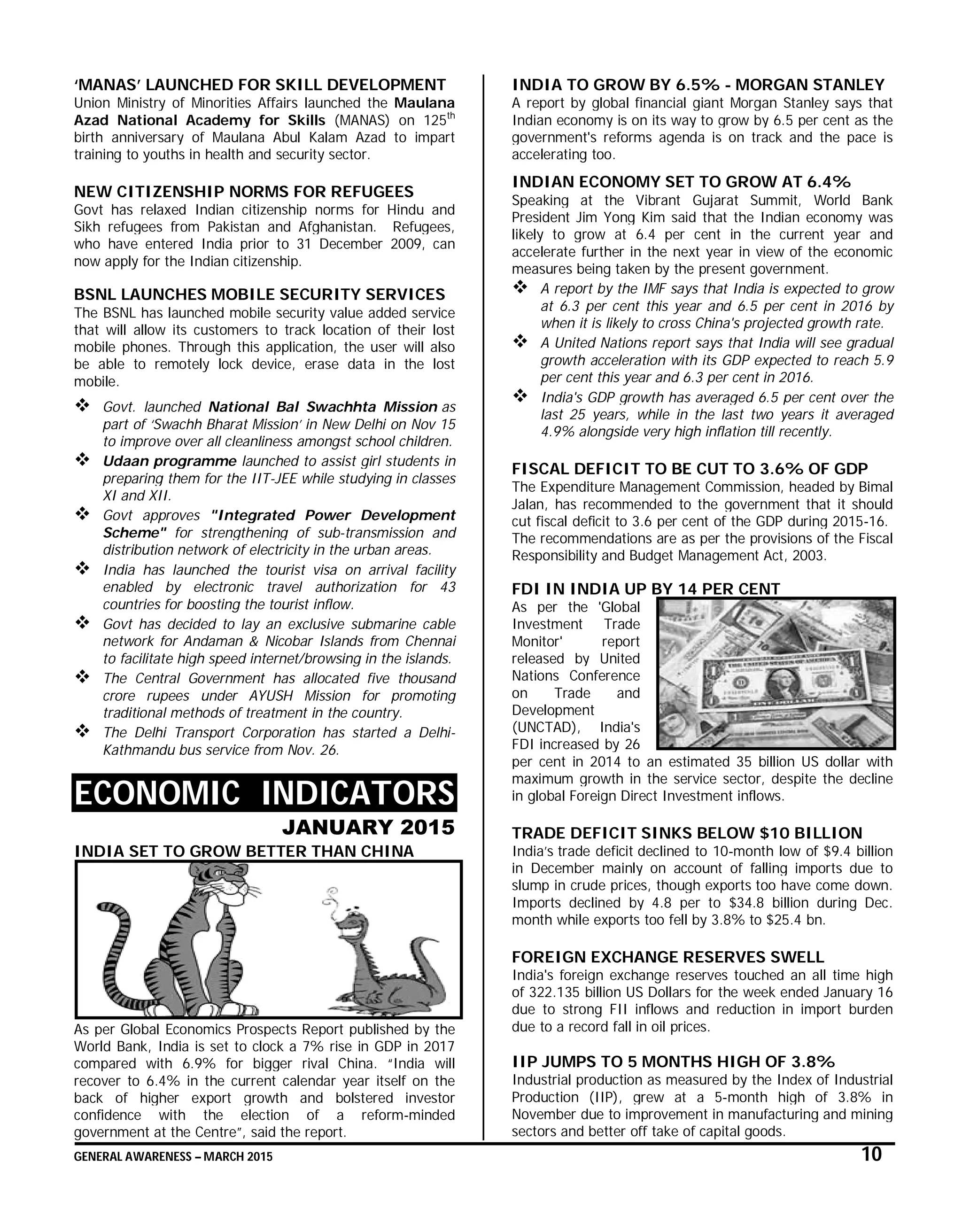 GENERAL AWARENESS – MARCH 2015 10
‘MANAS’ LAUNCHED FOR SKILL DEVELOPMENT
Union Ministry of Minorities Affairs launched the Maulana
Azad National Academy for Skills (MANAS) on 125th
birth anniversary of Maulana Abul Kalam Azad to impart
training to youths in health and security sector.
NEW CITIZENSHIP NORMS FOR REFUGEES
Govt has relaxed Indian citizenship norms for Hindu and
Sikh refugees from Pakistan and Afghanistan. Refugees,
who have entered India prior to 31 December 2009, can
now apply for the Indian citizenship.
BSNL LAUNCHES MOBILE SECURITY SERVICES
The BSNL has launched mobile security value added service
that will allow its customers to track location of their lost
mobile phones. Through this application, the user will also
be able to remotely lock device, erase data in the lost
mobile.
 Govt. launched National Bal Swachhta Mission as
part of ‘Swachh Bharat Mission’ in New Delhi on Nov 15
to improve over all cleanliness amongst school children.
 Udaan programme launched to assist girl students in
preparing them for the IIT-JEE while studying in classes
XI and XII.
 Govt approves "Integrated Power Development
Scheme" for strengthening of sub-transmission and
distribution network of electricity in the urban areas.
 India has launched the tourist visa on arrival facility
enabled by electronic travel authorization for 43
countries for boosting the tourist inflow.
 Govt has decided to lay an exclusive submarine cable
network for Andaman & Nicobar Islands from Chennai
to facilitate high speed internet/browsing in the islands.
 The Central Government has allocated five thousand
crore rupees under AYUSH Mission for promoting
traditional methods of treatment in the country.
 The Delhi Transport Corporation has started a Delhi-
Kathmandu bus service from Nov. 26.
ECONOMIC INDICATORS
JANUARY 2015
INDIA SET TO GROW BETTER THAN CHINA
As per Global Economics Prospects Report published by the
World Bank, India is set to clock a 7% rise in GDP in 2017
compared with 6.9% for bigger rival China. “India will
recover to 6.4% in the current calendar year itself on the
back of higher export growth and bolstered investor
confidence with the election of a reform-minded
government at the Centre”, said the report.
INDIA TO GROW BY 6.5% - MORGAN STANLEY
A report by global financial giant Morgan Stanley says that
Indian economy is on its way to grow by 6.5 per cent as the
government's reforms agenda is on track and the pace is
accelerating too.
INDIAN ECONOMY SET TO GROW AT 6.4%
Speaking at the Vibrant Gujarat Summit, World Bank
President Jim Yong Kim said that the Indian economy was
likely to grow at 6.4 per cent in the current year and
accelerate further in the next year in view of the economic
measures being taken by the present government.
 A report by the IMF says that India is expected to grow
at 6.3 per cent this year and 6.5 per cent in 2016 by
when it is likely to cross China's projected growth rate.
 A United Nations report says that India will see gradual
growth acceleration with its GDP expected to reach 5.9
per cent this year and 6.3 per cent in 2016.
 India's GDP growth has averaged 6.5 per cent over the
last 25 years, while in the last two years it averaged
4.9% alongside very high inflation till recently.
FISCAL DEFICIT TO BE CUT TO 3.6% OF GDP
The Expenditure Management Commission, headed by Bimal
Jalan, has recommended to the government that it should
cut fiscal deficit to 3.6 per cent of the GDP during 2015-16.
The recommendations are as per the provisions of the Fiscal
Responsibility and Budget Management Act, 2003.
FDI IN INDIA UP BY 14 PER CENT
As per the 'Global
Investment Trade
Monitor' report
released by United
Nations Conference
on Trade and
Development
(UNCTAD), India's
FDI increased by 26
per cent in 2014 to an estimated 35 billion US dollar with
maximum growth in the service sector, despite the decline
in global Foreign Direct Investment inflows.
TRADE DEFICIT SINKS BELOW $10 BILLION
India’s trade deficit declined to 10-month low of $9.4 billion
in December mainly on account of falling imports due to
slump in crude prices, though exports too have come down.
Imports declined by 4.8 per to $34.8 billion during Dec.
month while exports too fell by 3.8% to $25.4 bn.
FOREIGN EXCHANGE RESERVES SWELL
India's foreign exchange reserves touched an all time high
of 322.135 billion US Dollars for the week ended January 16
due to strong FII inflows and reduction in import burden
due to a record fall in oil prices.
IIP JUMPS TO 5 MONTHS HIGH OF 3.8%
Industrial production as measured by the Index of Industrial
Production (IIP), grew at a 5-month high of 3.8% in
November due to improvement in manufacturing and mining
sectors and better off take of capital goods.
 
