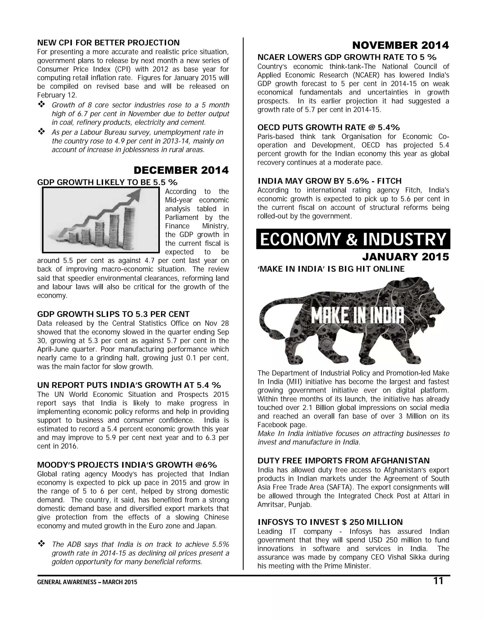 GENERAL AWARENESS – MARCH 2015 11
NEW CPI FOR BETTER PROJECTION
For presenting a more accurate and realistic price situation,
government plans to release by next month a new series of
Consumer Price Index (CPI) with 2012 as base year for
computing retail inflation rate. Figures for January 2015 will
be compiled on revised base and will be released on
February 12.
 Growth of 8 core sector industries rose to a 5 month
high of 6.7 per cent in November due to better output
in coal, refinery products, electricity and cement.
 As per a Labour Bureau survey, unemployment rate in
the country rose to 4.9 per cent in 2013-14, mainly on
account of increase in joblessness in rural areas.
DECEMBER 2014
GDP GROWTH LIKELY TO BE 5.5 %
According to the
Mid-year economic
analysis tabled in
Parliament by the
Finance Ministry,
the GDP growth in
the current fiscal is
expected to be
around 5.5 per cent as against 4.7 per cent last year on
back of improving macro-economic situation. The review
said that speedier environmental clearances, reforming land
and labour laws will also be critical for the growth of the
economy.
GDP GROWTH SLIPS TO 5.3 PER CENT
Data released by the Central Statistics Office on Nov 28
showed that the economy slowed in the quarter ending Sep
30, growing at 5.3 per cent as against 5.7 per cent in the
April-June quarter. Poor manufacturing performance which
nearly came to a grinding halt, growing just 0.1 per cent,
was the main factor for slow growth.
UN REPORT PUTS INDIA’S GROWTH AT 5.4 %
The UN World Economic Situation and Prospects 2015
report says that India is likely to make progress in
implementing economic policy reforms and help in providing
support to business and consumer confidence. India is
estimated to record a 5.4 percent economic growth this year
and may improve to 5.9 per cent next year and to 6.3 per
cent in 2016.
MOODY’S PROJECTS INDIA’S GROWTH @6%
Global rating agency Moody’s has projected that Indian
economy is expected to pick up pace in 2015 and grow in
the range of 5 to 6 per cent, helped by strong domestic
demand. The country, it said, has benefited from a strong
domestic demand base and diversified export markets that
give protection from the effects of a slowing Chinese
economy and muted growth in the Euro zone and Japan.
 The ADB says that India is on track to achieve 5.5%
growth rate in 2014-15 as declining oil prices present a
golden opportunity for many beneficial reforms.
NOVEMBER 2014
NCAER LOWERS GDP GROWTH RATE TO 5 %
Country’s economic think-tank-The National Council of
Applied Economic Research (NCAER) has lowered India's
GDP growth forecast to 5 per cent in 2014-15 on weak
economical fundamentals and uncertainties in growth
prospects. In its earlier projection it had suggested a
growth rate of 5.7 per cent in 2014-15.
OECD PUTS GROWTH RATE @ 5.4%
Paris-based think tank Organisation for Economic Co-
operation and Development, OECD has projected 5.4
percent growth for the Indian economy this year as global
recovery continues at a moderate pace.
INDIA MAY GROW BY 5.6% - FITCH
According to international rating agency Fitch, India's
economic growth is expected to pick up to 5.6 per cent in
the current fiscal on account of structural reforms being
rolled-out by the government.
ECONOMY & INDUSTRY
JANUARY 2015
‘MAKE IN INDIA’ IS BIG HIT ONLINE
The Department of Industrial Policy and Promotion-led Make
In India (MII) initiative has become the largest and fastest
growing government initiative ever on digital platform.
Within three months of its launch, the initiative has already
touched over 2.1 Billion global impressions on social media
and reached an overall fan base of over 3 Million on its
Facebook page.
Make In India initiative focuses on attracting businesses to
invest and manufacture in India.
DUTY FREE IMPORTS FROM AFGHANISTAN
India has allowed duty free access to Afghanistan’s export
products in Indian markets under the Agreement of South
Asia Free Trade Area (SAFTA). The export consignments will
be allowed through the Integrated Check Post at Attari in
Amritsar, Punjab.
INFOSYS TO INVEST $ 250 MILLION
Leading IT company - Infosys has assured Indian
government that they will spend USD 250 million to fund
innovations in software and services in India. The
assurance was made by company CEO Vishal Sikka during
his meeting with the Prime Minister.
 