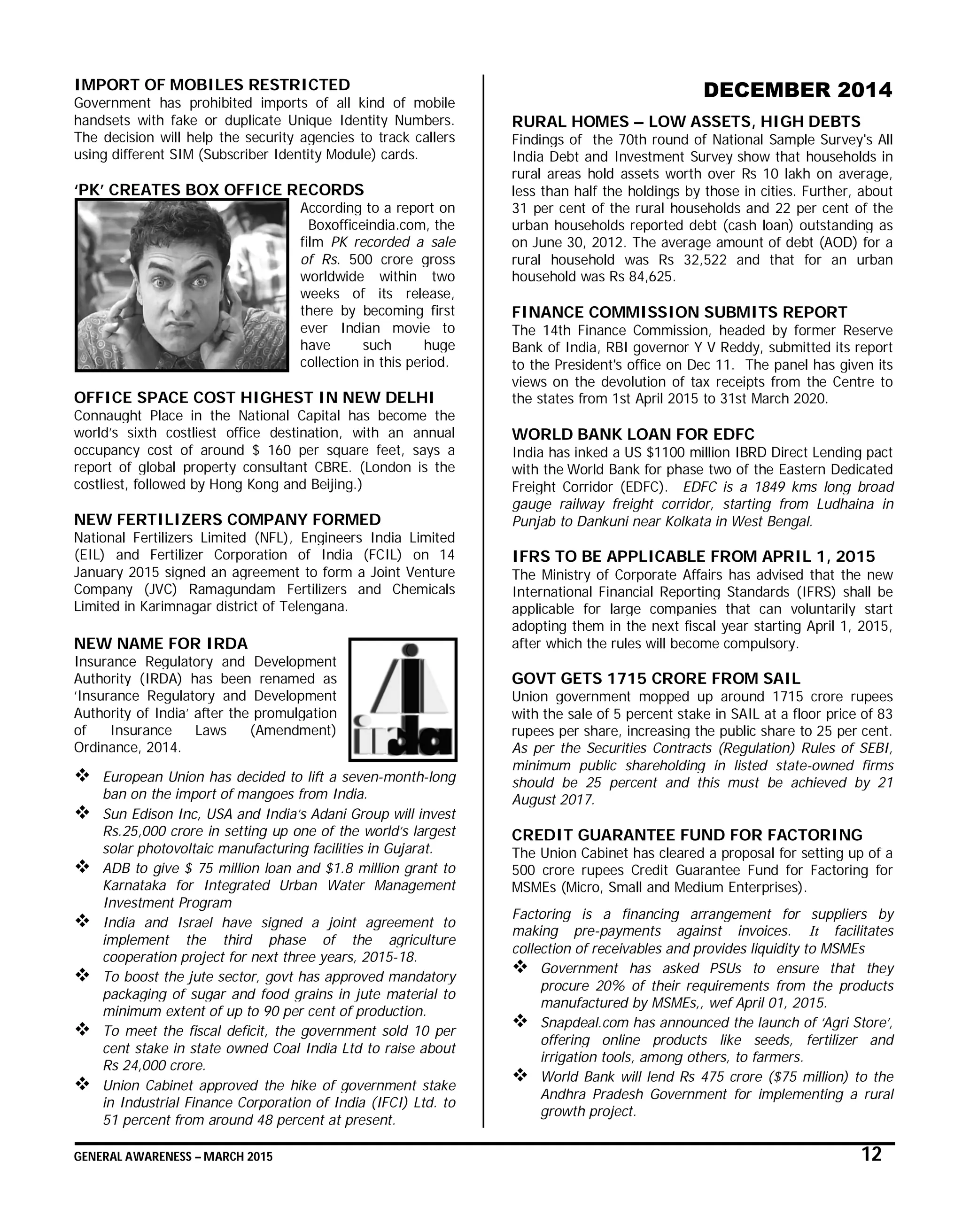GENERAL AWARENESS – MARCH 2015 12
IMPORT OF MOBILES RESTRICTED
Government has prohibited imports of all kind of mobile
handsets with fake or duplicate Unique Identity Numbers.
The decision will help the security agencies to track callers
using different SIM (Subscriber Identity Module) cards.
‘PK’ CREATES BOX OFFICE RECORDS
According to a report on
Boxofficeindia.com, the
film PK recorded a sale
of Rs. 500 crore gross
worldwide within two
weeks of its release,
there by becoming first
ever Indian movie to
have such huge
collection in this period.
OFFICE SPACE COST HIGHEST IN NEW DELHI
Connaught Place in the National Capital has become the
world’s sixth costliest office destination, with an annual
occupancy cost of around $ 160 per square feet, says a
report of global property consultant CBRE. (London is the
costliest, followed by Hong Kong and Beijing.)
NEW FERTILIZERS COMPANY FORMED
National Fertilizers Limited (NFL), Engineers India Limited
(EIL) and Fertilizer Corporation of India (FCIL) on 14
January 2015 signed an agreement to form a Joint Venture
Company (JVC) Ramagundam Fertilizers and Chemicals
Limited in Karimnagar district of Telengana.
NEW NAME FOR IRDA
Insurance Regulatory and Development
Authority (IRDA) has been renamed as
‘Insurance Regulatory and Development
Authority of India’ after the promulgation
of Insurance Laws (Amendment)
Ordinance, 2014.
 European Union has decided to lift a seven-month-long
ban on the import of mangoes from India.
 Sun Edison Inc, USA and India’s Adani Group will invest
Rs.25,000 crore in setting up one of the world’s largest
solar photovoltaic manufacturing facilities in Gujarat.
 ADB to give $ 75 million loan and $1.8 million grant to
Karnataka for Integrated Urban Water Management
Investment Program
 India and Israel have signed a joint agreement to
implement the third phase of the agriculture
cooperation project for next three years, 2015-18.
 To boost the jute sector, govt has approved mandatory
packaging of sugar and food grains in jute material to
minimum extent of up to 90 per cent of production.
 To meet the fiscal deficit, the government sold 10 per
cent stake in state owned Coal India Ltd to raise about
Rs 24,000 crore.
 Union Cabinet approved the hike of government stake
in Industrial Finance Corporation of India (IFCI) Ltd. to
51 percent from around 48 percent at present.
DECEMBER 2014
RURAL HOMES – LOW ASSETS, HIGH DEBTS
Findings of the 70th round of National Sample Survey's All
India Debt and Investment Survey show that households in
rural areas hold assets worth over Rs 10 lakh on average,
less than half the holdings by those in cities. Further, about
31 per cent of the rural households and 22 per cent of the
urban households reported debt (cash loan) outstanding as
on June 30, 2012. The average amount of debt (AOD) for a
rural household was Rs 32,522 and that for an urban
household was Rs 84,625.
FINANCE COMMISSION SUBMITS REPORT
The 14th Finance Commission, headed by former Reserve
Bank of India, RBI governor Y V Reddy, submitted its report
to the President's office on Dec 11. The panel has given its
views on the devolution of tax receipts from the Centre to
the states from 1st April 2015 to 31st March 2020.
WORLD BANK LOAN FOR EDFC
India has inked a US $1100 million IBRD Direct Lending pact
with the World Bank for phase two of the Eastern Dedicated
Freight Corridor (EDFC). EDFC is a 1849 kms long broad
gauge railway freight corridor, starting from Ludhaina in
Punjab to Dankuni near Kolkata in West Bengal.
IFRS TO BE APPLICABLE FROM APRIL 1, 2015
The Ministry of Corporate Affairs has advised that the new
International Financial Reporting Standards (IFRS) shall be
applicable for large companies that can voluntarily start
adopting them in the next fiscal year starting April 1, 2015,
after which the rules will become compulsory.
GOVT GETS 1715 CRORE FROM SAIL
Union government mopped up around 1715 crore rupees
with the sale of 5 percent stake in SAIL at a floor price of 83
rupees per share, increasing the public share to 25 per cent.
As per the Securities Contracts (Regulation) Rules of SEBI,
minimum public shareholding in listed state-owned firms
should be 25 percent and this must be achieved by 21
August 2017.
CREDIT GUARANTEE FUND FOR FACTORING
The Union Cabinet has cleared a proposal for setting up of a
500 crore rupees Credit Guarantee Fund for Factoring for
MSMEs (Micro, Small and Medium Enterprises).
Factoring is a financing arrangement for suppliers by
making pre-payments against invoices. It facilitates
collection of receivables and provides liquidity to MSMEs
 Government has asked PSUs to ensure that they
procure 20% of their requirements from the products
manufactured by MSMEs,, wef April 01, 2015.
 Snapdeal.com has announced the launch of ‘Agri Store’,
offering online products like seeds, fertilizer and
irrigation tools, among others, to farmers.
 World Bank will lend Rs 475 crore ($75 million) to the
Andhra Pradesh Government for implementing a rural
growth project.
 