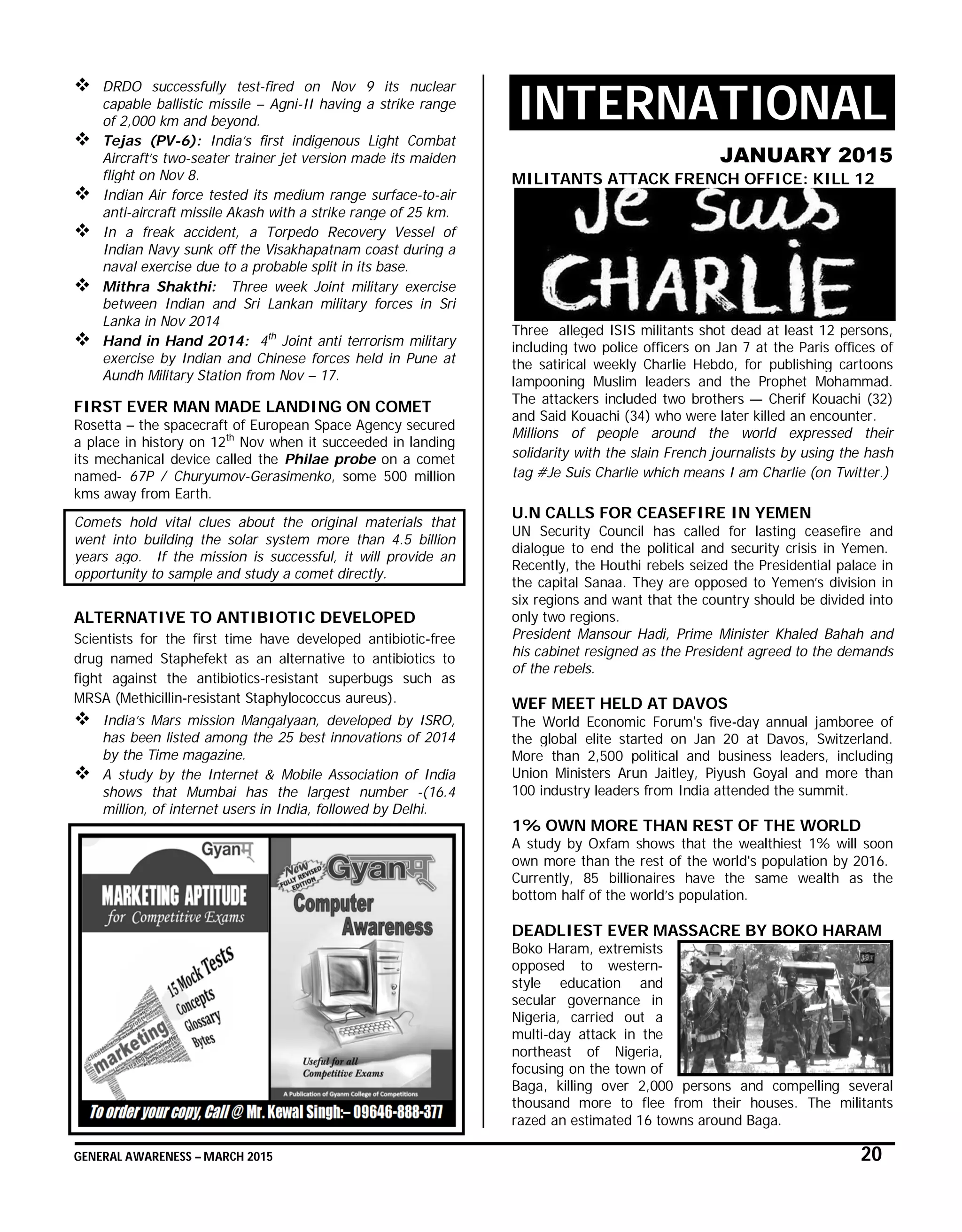 GENERAL AWARENESS – MARCH 2015 20
 DRDO successfully test-fired on Nov 9 its nuclear
capable ballistic missile – Agni-II having a strike range
of 2,000 km and beyond.
 Tejas (PV-6): India’s first indigenous Light Combat
Aircraft’s two-seater trainer jet version made its maiden
flight on Nov 8.
 Indian Air force tested its medium range surface-to-air
anti-aircraft missile Akash with a strike range of 25 km.
 In a freak accident, a Torpedo Recovery Vessel of
Indian Navy sunk off the Visakhapatnam coast during a
naval exercise due to a probable split in its base.
 Mithra Shakthi: Three week Joint military exercise
between Indian and Sri Lankan military forces in Sri
Lanka in Nov 2014
 Hand in Hand 2014: 4th
Joint anti terrorism military
exercise by Indian and Chinese forces held in Pune at
Aundh Military Station from Nov – 17.
FIRST EVER MAN MADE LANDING ON COMET
Rosetta – the spacecraft of European Space Agency secured
a place in history on 12th
Nov when it succeeded in landing
its mechanical device called the Philae probe on a comet
named- 67P / Churyumov-Gerasimenko, some 500 million
kms away from Earth.
Comets hold vital clues about the original materials that
went into building the solar system more than 4.5 billion
years ago. If the mission is successful, it will provide an
opportunity to sample and study a comet directly.
ALTERNATIVE TO ANTIBIOTIC DEVELOPED
Scientists for the first time have developed antibiotic-free
drug named Staphefekt as an alternative to antibiotics to
fight against the antibiotics-resistant superbugs such as
MRSA (Methicillin-resistant Staphylococcus aureus).
 India’s Mars mission Mangalyaan, developed by ISRO,
has been listed among the 25 best innovations of 2014
by the Time magazine.
 A study by the Internet & Mobile Association of India
shows that Mumbai has the largest number -(16.4
million, of internet users in India, followed by Delhi.
INTERNATIONAL
JANUARY 2015
MILITANTS ATTACK FRENCH OFFICE: KILL 12
Three alleged ISIS militants shot dead at least 12 persons,
including two police officers on Jan 7 at the Paris offices of
the satirical weekly Charlie Hebdo, for publishing cartoons
lampooning Muslim leaders and the Prophet Mohammad.
The attackers included two brothers — Cherif Kouachi (32)
and Said Kouachi (34) who were later killed an encounter.
Millions of people around the world expressed their
solidarity with the slain French journalists by using the hash
tag #Je Suis Charlie which means I am Charlie (on Twitter.)
U.N CALLS FOR CEASEFIRE IN YEMEN
UN Security Council has called for lasting ceasefire and
dialogue to end the political and security crisis in Yemen.
Recently, the Houthi rebels seized the Presidential palace in
the capital Sanaa. They are opposed to Yemen’s division in
six regions and want that the country should be divided into
only two regions.
President Mansour Hadi, Prime Minister Khaled Bahah and
his cabinet resigned as the President agreed to the demands
of the rebels.
WEF MEET HELD AT DAVOS
The World Economic Forum's five-day annual jamboree of
the global elite started on Jan 20 at Davos, Switzerland.
More than 2,500 political and business leaders, including
Union Ministers Arun Jaitley, Piyush Goyal and more than
100 industry leaders from India attended the summit.
1% OWN MORE THAN REST OF THE WORLD
A study by Oxfam shows that the wealthiest 1% will soon
own more than the rest of the world's population by 2016.
Currently, 85 billionaires have the same wealth as the
bottom half of the world’s population.
DEADLIEST EVER MASSACRE BY BOKO HARAM
Boko Haram, extremists
opposed to western-
style education and
secular governance in
Nigeria, carried out a
multi-day attack in the
northeast of Nigeria,
focusing on the town of
Baga, killing over 2,000 persons and compelling several
thousand more to flee from their houses. The militants
razed an estimated 16 towns around Baga.
 