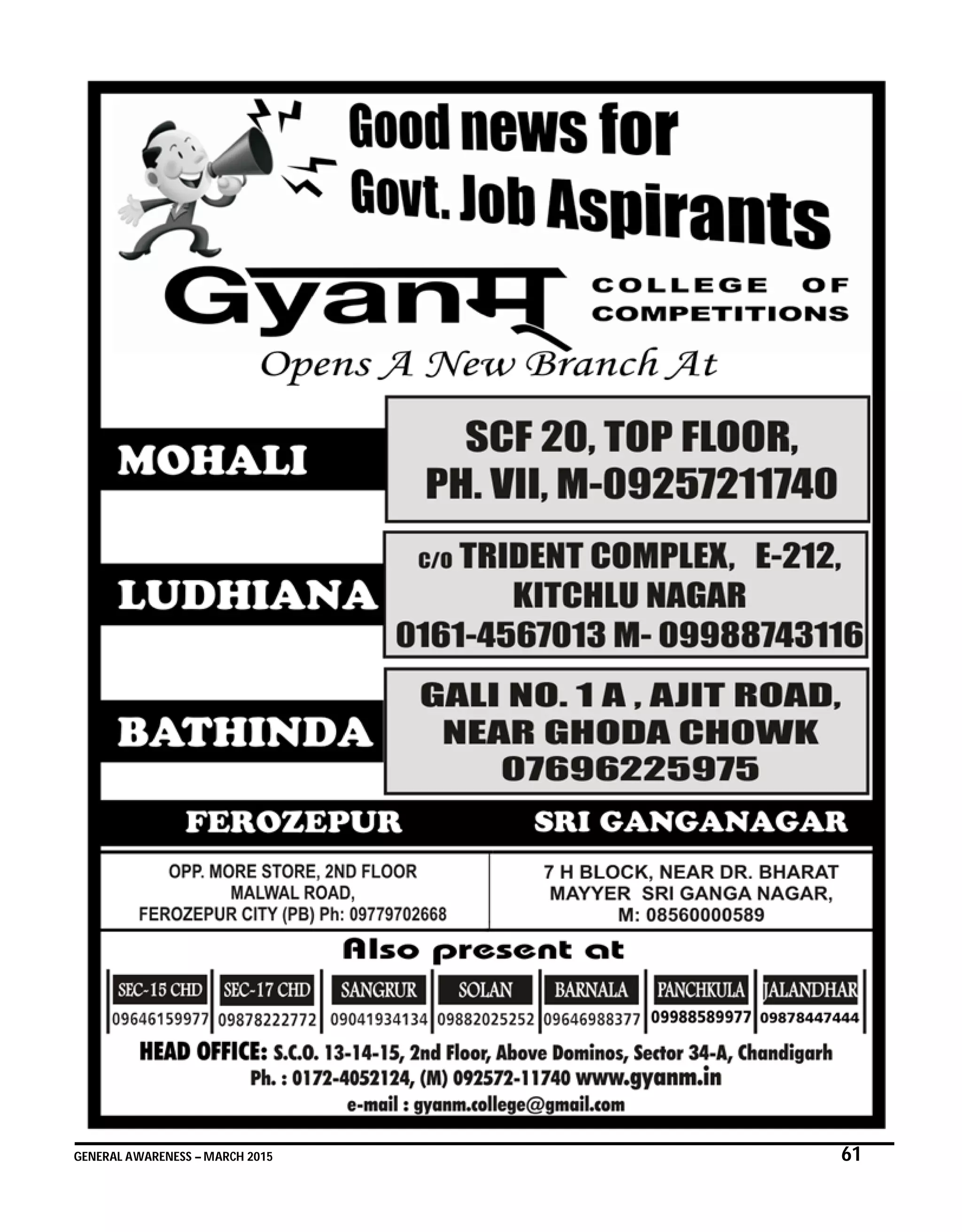 GENERAL AWARENESS – MARCH 2015 61
 