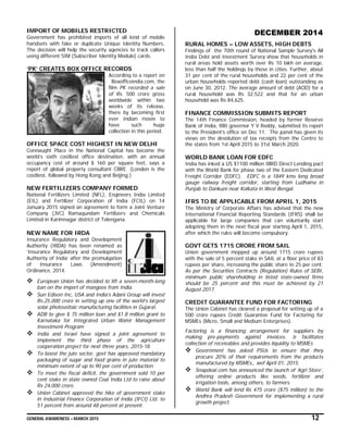 GENERAL AWARENESS – MARCH 2015 12
IMPORT OF MOBILES RESTRICTED
Government has prohibited imports of all kind of mobile
handsets with fake or duplicate Unique Identity Numbers.
The decision will help the security agencies to track callers
using different SIM (Subscriber Identity Module) cards.
‘PK’ CREATES BOX OFFICE RECORDS
According to a report on
Boxofficeindia.com, the
film PK recorded a sale
of Rs. 500 crore gross
worldwide within two
weeks of its release,
there by becoming first
ever Indian movie to
have such huge
collection in this period.
OFFICE SPACE COST HIGHEST IN NEW DELHI
Connaught Place in the National Capital has become the
world’s sixth costliest office destination, with an annual
occupancy cost of around $ 160 per square feet, says a
report of global property consultant CBRE. (London is the
costliest, followed by Hong Kong and Beijing.)
NEW FERTILIZERS COMPANY FORMED
National Fertilizers Limited (NFL), Engineers India Limited
(EIL) and Fertilizer Corporation of India (FCIL) on 14
January 2015 signed an agreement to form a Joint Venture
Company (JVC) Ramagundam Fertilizers and Chemicals
Limited in Karimnagar district of Telengana.
NEW NAME FOR IRDA
Insurance Regulatory and Development
Authority (IRDA) has been renamed as
‘Insurance Regulatory and Development
Authority of India’ after the promulgation
of Insurance Laws (Amendment)
Ordinance, 2014.
 European Union has decided to lift a seven-month-long
ban on the import of mangoes from India.
 Sun Edison Inc, USA and India’s Adani Group will invest
Rs.25,000 crore in setting up one of the world’s largest
solar photovoltaic manufacturing facilities in Gujarat.
 ADB to give $ 75 million loan and $1.8 million grant to
Karnataka for Integrated Urban Water Management
Investment Program
 India and Israel have signed a joint agreement to
implement the third phase of the agriculture
cooperation project for next three years, 2015-18.
 To boost the jute sector, govt has approved mandatory
packaging of sugar and food grains in jute material to
minimum extent of up to 90 per cent of production.
 To meet the fiscal deficit, the government sold 10 per
cent stake in state owned Coal India Ltd to raise about
Rs 24,000 crore.
 Union Cabinet approved the hike of government stake
in Industrial Finance Corporation of India (IFCI) Ltd. to
51 percent from around 48 percent at present.
DECEMBER 2014
RURAL HOMES – LOW ASSETS, HIGH DEBTS
Findings of the 70th round of National Sample Survey's All
India Debt and Investment Survey show that households in
rural areas hold assets worth over Rs 10 lakh on average,
less than half the holdings by those in cities. Further, about
31 per cent of the rural households and 22 per cent of the
urban households reported debt (cash loan) outstanding as
on June 30, 2012. The average amount of debt (AOD) for a
rural household was Rs 32,522 and that for an urban
household was Rs 84,625.
FINANCE COMMISSION SUBMITS REPORT
The 14th Finance Commission, headed by former Reserve
Bank of India, RBI governor Y V Reddy, submitted its report
to the President's office on Dec 11. The panel has given its
views on the devolution of tax receipts from the Centre to
the states from 1st April 2015 to 31st March 2020.
WORLD BANK LOAN FOR EDFC
India has inked a US $1100 million IBRD Direct Lending pact
with the World Bank for phase two of the Eastern Dedicated
Freight Corridor (EDFC). EDFC is a 1849 kms long broad
gauge railway freight corridor, starting from Ludhaina in
Punjab to Dankuni near Kolkata in West Bengal.
IFRS TO BE APPLICABLE FROM APRIL 1, 2015
The Ministry of Corporate Affairs has advised that the new
International Financial Reporting Standards (IFRS) shall be
applicable for large companies that can voluntarily start
adopting them in the next fiscal year starting April 1, 2015,
after which the rules will become compulsory.
GOVT GETS 1715 CRORE FROM SAIL
Union government mopped up around 1715 crore rupees
with the sale of 5 percent stake in SAIL at a floor price of 83
rupees per share, increasing the public share to 25 per cent.
As per the Securities Contracts (Regulation) Rules of SEBI,
minimum public shareholding in listed state-owned firms
should be 25 percent and this must be achieved by 21
August 2017.
CREDIT GUARANTEE FUND FOR FACTORING
The Union Cabinet has cleared a proposal for setting up of a
500 crore rupees Credit Guarantee Fund for Factoring for
MSMEs (Micro, Small and Medium Enterprises).
Factoring is a financing arrangement for suppliers by
making pre-payments against invoices. It facilitates
collection of receivables and provides liquidity to MSMEs
 Government has asked PSUs to ensure that they
procure 20% of their requirements from the products
manufactured by MSMEs,, wef April 01, 2015.
 Snapdeal.com has announced the launch of ‘Agri Store’,
offering online products like seeds, fertilizer and
irrigation tools, among others, to farmers.
 World Bank will lend Rs 475 crore ($75 million) to the
Andhra Pradesh Government for implementing a rural
growth project.
 