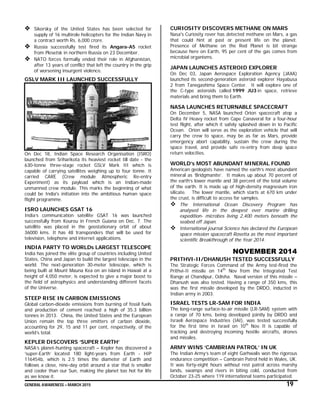 GENERAL AWARENESS – MARCH 2015 19
 Sikorsky of the United States has been selected for
supply of 16 multirole helicopters for the Indian Navy in
a contract worth Rs. 6,000 crore.
 Russia successfully test fired its Angara-A5 rocket
from Plesetsk in northern Russia on 23 December.
 NATO forces formally ended their role in Afghanistan,
after 13 years of conflict that left the country in the grip
of worsening insurgent violence.
GSLV MARK III LAUNCHED SUCCESSFULLY
On Dec 18, Indian Space Research Organisation (ISRO)
launched from Sriharikota its heaviest rocket till date - the
630-tonne three-stage rocket GSLV Mark III which is
capable of carrying satellites weighing up to four tonne. It
carried CARE (Crew module Atmospheric Re-entry
Experiment) as its payload which is an Indian-made
unmanned crew module. This marks the beginning of what
could be India's initiation into the ambitious human space
flight programme.
ISRO LAUNCHES GSAT 16
India’s communication satellite GSAT 16 was launched
successfully from Kourou in French Guiana on Dec. 7. The
satellite was placed in the geostationary orbit of about
36000 kms. It has 48 transponders that will be used for
television, telephone and internet applications.
INDIA PARTY TO WORLDs LARGEST TELESCOPE
India has joined the elite group of countries including United
States, China and Japan to build the largest telescope in the
world. The next-generation 30-meter telescope, which is
being built at Mount Mauna Kea on an island in Hawaii at a
height of 4,050 meter, is expected to give a major boost to
the field of astrophysics and understanding different facets
of the Universe.
STEEP RISE IN CARBON EMISSIONS
Global carbon-dioxide emissions from burning of fossil fuels
and production of cement reached a high of 35.3 billion
tonnes in 2013. China, the United States and the European
Union remain the top three emitters of carbon dioxide,
accounting for 29, 15 and 11 per cent, respectively, of the
world’s total.
KEPLER DISCOVERS ‘SUPER EARTH’
NASA’s planet-hunting spacecraft – Kepler has discovered a
‘super-Earth’ located 180 light-years from Earth - HIP
116454b, which is 2.5 times the diameter of Earth and
follows a close, nine-day orbit around a star that is smaller
and cooler than our Sun, making the planet too hot for life
as we know it.
CURIOSITY DISCOVERS METHANE ON MARS
Nasa's Curiosity rover has detected methane on Mars, a gas
that could hint at past or present life on the planet.
Presence of Methane on the Red Planet is bit strange
because here on Earth, 95 per cent of the gas comes from
microbial organisms.
JAPAN LAUNCHES ASTEROID EXPLORER
On Dec 03, Japan Aerospace Exploration Agency (JAXA)
launched its second-generation asteroid explorer Hayabusa
2 from Tanegashima Space Center. It will explore one of
the C-type asteroids called 1999 JU3 in space, retrieve
materials and bring them to Earth.
NASA LAUNCHES RETURNABLE SPACECRAFT
On December 5, NASA launched Orion spacecraft atop a
Delta IV Heavy rocket from Cape Canaveral for a four-hour
test flight, after which it safely splashed down in to Pacific
Ocean. Orion will serve as the exploration vehicle that will
carry the crew to space, may be as far as Mars, provide
emergency abort capability, sustain the crew during the
space travel, and provide safe re-entry from deep space
return velocities.
WORLD’s MOST ABUNDANT MINERAL FOUND
American geologists have named the earth’s most abundant
mineral as ‘Bridgmanite’. It makes up about 70 percent of
the earth’s lower mantle and 38 percent of the total volume
of the earth. It is made up of high-density magnesium iron
silicate. The lower mantle, which starts at 670 km under
the crust, is difficult to access for samples.
 The International Ocean Discovery Program has
analysed life in the deepest ever marine drilling
expedition- microbes living 2,400 meters beneath the
seabed off Japan.
 International journal Science has declared the European
space mission spacecraft Rosetta as the most important
scientific Breakthrough of the Year 2014.
NOVEMBER 2014
PRITHVI-II/DHANUSH TESTED SUCCESSFULLY
The Strategic Forces Command of the Army test-fired the
Prithvi-II missile on 14th
Nov from the Integrated Test
Range at Chandipur, Odisha. Naval version of this missile –
Dhanush was also tested. Having a range of 350 kms, this
was the first missile developed by the DRDO, inducted in
Indian army in 2003.
ISRAEL TESTS LR-SAM FOR INDIA
The long-range surface-to-air missile (LR-SAM) system with
a range of 70 kms, being developed jointly by DRDO and
Israeli Aerospace Industries (IAI), was tested successfully
for the first time in Israel on 10th
Nov. It is capable of
tracking and destroying incoming hostile aircrafts, drones
and missiles.
ARMY WINS ‘CAMBRIAN PATROL’ IN UK
The Indian Army’s team of eight Garhwalis won the rigorous
endurance competition – Cambrain Patrol held in Wales, UK.
It was forty-eight hours without rest patrol across marshy
lands, swamps and rivers in biting cold, conducted from
October 23-25 where 119 international teams participated.
 