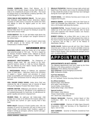 GENERAL AWARENESS – MARCH 2015 24
PAWAN CHAMLING: Sikkim Chief Minister, on 12
December 2014 became longest serving Chief Minister of
India as he completed his 20 years in the office. The record
for longest tenure as Chief Minister is held by Jyoti Basu, CM
of West Bengal for 23 years, 4 months.
TASHI MALIK AND NUNGSHI MALIK: The twin sisters
from Dehradun scaled Mount Vinson, Antarctica’s highest
mountain at 4,892 metres to become the world’s first twins
and siblings to climb the highest peaks on the seven
continents.
SARITA DEVI: The International Boxing Association (AIBA)
banned Indian boxer for one year for refusing to accept the
Asian Games bronze medal.
VIVEK MURTHY: The 37 year old Indian origin doctor has
been confirmed as the youngest ever Surgeon General of
the United States
MAHINDA RAJAPAKSA: Sri Lanka President visited India
to offer prayers at the famous hill temple of Lord
Venkateswara in Andhra Pradesh
NOVEMBER 2014
NARENDRA MODI: joined the Forbes list of the world's
most powerful people at 15th rank. The list is topped by
the Russian President Vladimir Putin, followed by Barack
Obama. Reliance Industries Chairman Mukesh Ambani
scored 36th
rank.
ARUNDHATI BHATTACHARYA: The Chairperson of
country's largest bank- SBI, was named as the most-
powerful business woman in India by Fortune Magazine.
She was followed by ICICI Bank's Chanda Kochhar and
Shikha Sharma of Axis Bank.
E. SREEDHARAN: Ministry of Railways has appointed
Father of Delhi Metro – ‘Metroman’ head of the committee
to suggest a "proper system and procedure to ensure
proper accountability and transparency" at General Manager
level and other functionaries level for taking all commercial
decisions.
GEN. DALBIR SINGH SUHAG: Indian Army Chief was
conferred the title of honorary rank of General of Nepal
Army by the Nepalese President Ram Baran Yadav.
FARHAN AKHTAR: Bollywood actor-director became the
first man in the history of “UN Women” to be appointed as
its Goodwill Ambassador for South Asia. He will advocate for
gender equality and women's empowerment.
REUBEN PAUL: An eight-year old Indian-origin child
prodigy was in news as he delivered the keynote address at
the Ground Zero Summit on cyber security held in New
Delhi.
NIKKI HALEY: Governor of South Caorlina state, USA, the
youngest of current US Governors (42) was in news as she
visited Punjab and promised South Carolina’s support to
Punjab in setting up aerospace, pharma, tourism and agro-
processing industries.
MALALA YOUSAFZAI: Pakistani teenage rights activist and
Nobel Peace Prize winner was in news for donating $50,000
to help rebuild UN schools in Gaza that have been damaged
during the recent fight with Israel.
CHUCK HAGEL: U.S. Defense Secretary was in news as he
resigned from his post.
BARACK OBAMA: US President will be the Chief Guest at
India's 2015 Republic Day celebrations. This will be the first
time a US President will attend the function.
VLADIMIR PUTIN: Russian President was in news as he
walked out of the G20 summit in Australia, after he faced
scorn and scepticism from Western leaders over Russia’s
interference in Ukraine.
ROBERT O’NEILL: An ex-Navy SEAL was in news as he
has been unmasked as the man who pumped three shots to
the head of elusive Al-Qaeda chief Osama bin Laden during
a top-secret raid on May 2, 2011 at his hideout in
Abbottabad, Pakistan.
SAIRA BLAIR: Eighteen-year-old girl from West Virginia
University was in news as she secured a landslide victory by
securing 63 percent votes for a seat in the state legislature
house of West Virginia, USA, becoming the youngest person
ever to achieve this feat.
A P P O I N T M E N T S
JANUARY 2015
APPOINTMENTS IN NITI AAYOG
The following appointments have been made by the Prime
Minister to the various positions in the Aayog
Chairman: Prime Minister Narendra Modi
Vice-Chairman: Arvind Panagariya (Economist)
CEO: Sindhushree Khullar
Full Time Members:
Bibek Debroy, Economist
Dr. V.K. Saraswat, Former Secretary Defence R&D
Ex-officio members:
Rajnath Singh, Union Minister
Arun Jaitley, Union Minister
Suresh Prabhu, Union Minister
Radha Mohan Singh, Union Minister
Special Invitees:
Nitin Gadkari, Union Minister
Thawar Chand Gehlot, Union Minister
Smt. Smriti Irani, Union Minister
PAHLAJ NIHALANI: Chairman, Central Board of Film
Certification, CBFC. He is a noted film producer from
Mumbai.
A S KIRAN KUMAR: Chairman of Indian Space Research
Organisation- ISRO and Secretary of the Department of
Space, Govt of India
AZIZ QURESHI: Governor of Mizoram (transferred from
Uttrakhand).
 