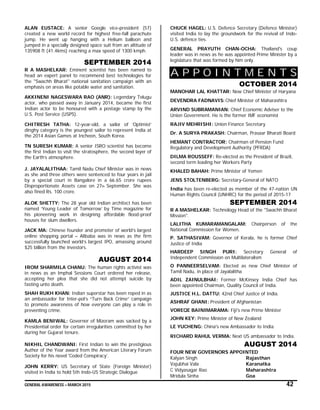 GENERAL AWARENESS – MARCH 2015 42
ALAN EUSTACE: A senior Google vice-president (57)
created a new world record for highest free-fall parachute
jump. He went up hanging with a Helium balloon and
jumped in a specially designed space suit from an altitude of
135908 ft (41.4kms) reaching a max speed of 1300 kmph.
SEPTEMBER 2014
R A MASHELKAR: Eminent scientist has been named to
head an expert panel to recommend best technologies for
the "Swachh Bharat" national sanitation campaign with an
emphasis on areas like potable water and sanitation.
AKKINENI NAGESWARA RAO (ANR): Legendary Telugu
actor, who passed away in January 2014, became the first
Indian actor to be honoured with a postage stamp by the
U.S. Post Service (USPS).
CHITRESH TATHA: 12-year-old, a sailor of ‘Optimist’
dinghy category is the youngest sailor to represent India at
the 2014 Asian Games at Incheon, South Korea.
TN SURESH KUMAR: A senior ISRO scientist has become
the first Indian to visit the stratosphere, the second layer of
the Earth’s atmosphere.
J. JAYALALITHAA: Tamil Nadu Chief Minister was in news
as she and three others were sentenced to four years in jail
by a special court in Bangalore in a 66.65 crore rupees
Disproportionate Assets case on 27th September. She was
also fined Rs. 100 crore.
ALOK SHETTY: The 28 year old Indian architect has been
named ‘Young Leader of Tomorrow’ by Time magazine for
his pioneering work in designing affordable flood-proof
houses for slum dwellers.
JACK MA: Chinese founder and promoter of world’s largest
online shopping portal – Alibaba was in news as the firm
successfully launched world’s largest IPO, amassing around
$25 billion from the investors.
AUGUST 2014
IROM SHARMILA CHANU: The human rights activist was
in news as an Imphal Sessions Court ordered her release,
accepting her plea that she did not attempt suicide by
fasting unto death.
SHAH RUKH KHAN: Indian superstar has been roped in as
an ambassador for Inter-pol’s “Turn Back Crime” campaign
to promote awareness of how everyone can play a role in
preventing crime.
KAMLA BENIWAL: Governor of Mizoram was sacked by a
Presidential order for certain irregularities committed by her
during her Gujarat tenure.
NIKHIL CHANDWANI: First Indian to win the prestigious
Author of the Year award from the American Literary Forum
Society for his novel 'Coded Conspiracy’.
JOHN KERRY: US Secretary of State (Foreign Minister)
visited in India to hold 5th Indo-US Strategic Dialogue
CHUCK HAGEL: U.S. Defence Secretary (Defence Minister)
visited India to lay the groundwork for the revival of Indo-
U.S. defence ties.
GENERAL PRAYUTH CHAN-OCHA: Thailand's coup
leader was in news as he was appointed Prime Minister by a
legislature that was formed by him only.
A P P O I N T M E N T S
OCTOBER 2014
MANOHAR LAL KHATTAR: New Chief Minister of Haryana
DEVENDRA FADNAVIS: Chief Minister of Maharashtra
ARVIND SUBRAMANIAN: Chief Economic Adviser to the
Union Government. He is the former IMF economist
RAJIV MEHRISHI: Union Finance Secretary
Dr. A SURYA PRAKASH: Chairman, Prasaar Bharati Board
HEMANT CONTRACTOR: Chairman of Pension Fund
Regulatory and Development Authority (PFRDA)
DILMA ROUSSEFF: Re-elected as the President of Brazil,
second term leading her Workers Party
KHALED BAHAH: Prime Minister of Yemen
JENS STOLTENBERG: Secretary-General of NATO
India has been re-elected as member of the 47-nation UN
Human Rights Council (UNHRC) for the period of 2015-17
SEPTEMBER 2014
R A MASHELKAR: Technology Head of the "Swachh Bharat
Mission".
LALITHA KUMARAMANGALAM: Chairperson of the
National Commission for Women.
P. SATHASIVAM: Governor of Kerala, he is former Chief
Justice of India
HARDEEP SINGH PURI: Secretary General of
Independent Commission on Multilateralism
O PANNEERSELVAM: Elected as new Chief Minister of
Tamil Nadu, in place of Jayalalitha
ADIL ZAINULBHAI: Former McKinsey India Chief has
been appointed Chairman, Quality Council of India.
JUSTICE H.L. DATTU: 42nd Chief Justice of India.
ASHRAF GHANI: President of Afghanistan
VOREQE BAINIMARAMA: Fiji's new Prime Minister
JOHN KEY: Prime Minister of New Zealand
LE YUCHENG: China's new Ambassador to India.
RICHARD RAHUL VERMA: Next US ambassador to India.
AUGUST 2014
FOUR NEW GOVERNORS APPOINTED
Kalyan Singh Rajasthan
Vajubhai Vala Karanatka
C Vidyasagar Rao Maharashtra
Mridula Sinha Goa
 