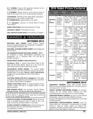 GENERAL AWARENESS – MARCH 2015 43
K.V. THOMAS: Congress MP appointed Chairman of the
Public Accounts Committee of Parliament.
S S MUNDRA: Deputy Governor of the Reserve Bank of
India for three year term. He is ex CMD of Bank of Baroda.
T M BHASIN: Chairman of the Indian Banks Association –
IBA for 2014-15. He is CMD of Indian Bank.
M. THAMBIDURAI: Deputy Speaker, Lok Sabha
K. V. Chowdary: Chairman of Central Board of Direct
Taxes (CBDT)
AHMET DAVUTOGLU: New Prime Minister of Turkey
HAIDAR AL-ABADI: Prime Minister of Iraq
GEN. PRAYUTH CHAN-OCHA: Prime Minister of Thailand
AWARDS & HONOURS
OCTOBER 2014
NATIONAL RAIL AWARD: Harish Kanwar, Deputy
Director in Railway Board for his contribution in completion
of the Pirpanjal rail tunnel in J&K.
NATIONAL KISHORE KUMAR AWARD: Noted Bollywood
lyricist Sameer
LAL BAHADUR SHASTRI NATIONAL AWARD – 2014
for Excellence in Public Administration, Academics and
Management: Dr. A. Sivathanu Pillai, CEO and MD of
BrahMos Aerospace.
WORLD MEDIA SUMMIT Global Awards for
Excellence, 2014: P. Sainath, Rural Affairs Editor at The
Hindu got the Public Welfare Award. He is one of the five
other media entities honoured with these awards.
WILDSCREEN PANDA AWARD: The coveted wildlife
photography award in best newcomer category was won by
Ashwika Kapur for her film, Sirocco - how a dud became
a stud at the annual Wildscreen Film Festival held at
Bristol, UK.
CULTURAL MEDALLION 2014 (Singapore): KTM Iqbal,
an Indian-origin Singaporean poet and writer was named for
this highest cultural award of Singapore.
WORLD FOOD PRIZE 2014: Dr Sanjaya Rajaram for his
scientific research that led to a bumper growth in world
wheat production.
MAN BOOKER PRIZE: The Australian novelist Richard
Flanagan for book “The Narrow Road to the Deep North.”
The book tells the harrowing story of an Australian surgeon
who is held in a Japanese P.O.W. camp and is forced to
work on the Thailand-Burma Railway.
WAISLITZ GLOBAL CITIZEN AWARD: Anoop Jain for his
work in founding Humanure Power in Bihar in 2011 that
builds community sanitation facilities in rural India.
GLOBAL DIVERSITY AWARD 2014: Shah Rukh Khan has
been honoured with this award by British Parliament for
his contribution to cinema.
2014 Nobel Prizes Declared
PRIZE
FIELD
PRIZE
DECIDED
BY
WINNER
OF 2014
SELECTED WORK
Physiology
or
Medicine
The Nobel
Assembly at
Karolinska
Institute,
Stockholm
John O’Keefe
of the USA,
May-Britt &
Edward Moser
of Norway
For discovering brain’s
internal positioning
system, helping humans
find their ways and giving
clues to how strokes and
Alzheimer affect the brain.
Physics
The Royal
Swedish
Academy of
Sciences
Isamu Akasaki
and Hiroshi
Amano from
Japan and
U.S. citizen
Shuji
Nakamura
For inventing blue light-
emitting diodes, a
breakthrough that has
spurred the development
of LED technology to light
up homes, computer
screens and smartphones
worldwide.
Chemistry
The Royal
Swedish
Academy of
Sciences
Eric Betzig and
William
Moerner from
the USA;
Stefan Hell
from Germany
For finding ways to make
microscopes more
powerful than previously
thought possible, allowing
scientists to see how
diseases develop inside
the tiniest cells.
Literature
The Swedish
Academy
Patrick
Modiano,
France
For his moody, terse and
occasionally dreamlike
novels, often set during
the Nazi occupation of
France
Peace
The Norwegi
an Nobel
Committee
Indian child
right activist
Kailash
Satyarthi and
Pakistani child
education
activist Malala
Yousafzai (See
details below)
For their struggle against
the suppression of
children and young people
and for the right of
education for all children.
Economics
The Royal
Swedish
Academy of
Sciences
Jean Tirole,
France
For research on market
power and regulation that
has helped policy-makers
understand how to deal
with industries dominated
by a few dominant
companies
SEPTEMBER 2014
SARASWATI SAMMAN: Noted Hindi novelist Govind
Mishra for his novel ‘Dhool Paudhon Par’. The prize carries a
cash award of Rs. Ten lakh.
SHANTI SWARUP BHATNAGAR AWARD: 10 scientists
selected for the annual award conferred for their
outstanding works in the field of science and technology.
SAAKSHAR BHARAT AWARDS are given on International
Literacy Day – Sep 8 by the Union Ministry of Human
Resource Development for the best performance in the field
of adult education.
BHARTENDU HARISHCHANDRA AWARDS: Given by
Union Ministry for Information & Broadcasting for original
writing in Hindi by Indian authors on subjects like
Journalism and Mass Communication, National Integration,
Women’s Issues and Children’s Literature.
 