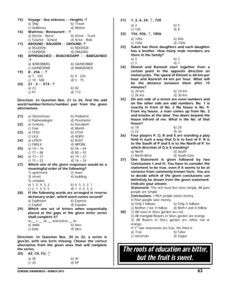 GENERAL AWARENESS – MARCH 2015 63
15) Voyage : Sea sickness : : Heights :?
a) Ship b) Travel
c) Giddiness d) Motion
16) Waitress : Restaurant : :?
a) Doctor : Nurse b) Driver : Truck
c) Teacher : School d) Actor : Role
17) AROUND : RAUODN : : GROUND :?
a) RGUODN b) NDOOGR
c) OUNDGR d) DNUURG
18) APPROACHED : ROACHEDAPP : : BARGAINED
:?
a) AINEDBARG b) GAINEDBAR
c) GAINEDRAB d) RABGAINED
19) 8 : 256 : : ?
a) 7 : 343 b) 9 : 243
c) 10 : 500 d) 5 : 75
20) 21 : 3 : : 574 : ?
a) 23 b) 82
c) 97 d) 113
Direction: In Question Nos. 21 to 26, find the odd
word/number/letters/number pair from the given
alternatives.
21) a) Obstetrician b) Podiatrist
c) Pulmonologist d) Prosthetist
22) a) Century b) Decadent
c) Year d) Month
23) a) FEDC b) STUV
c) LKJI d) RQPO
24) a) LPXOY b) RQST
c) FBDLX d) MPONL
25) a) 14 – 16 b) 56 – 64
c) 77 – 88 d) 80 – 93
26) a) 13 – 21 b) 19 – 27
c) 15 – 23 d) 16 – 24
27) Which one of the given responses would be a
meaningful order of the following?
1) apartment 2) town
3) street 4) building
5) complex
a) 1, 5, 4, 3, 2 b) 4, 5, 3, 2, 1
c) 2, 1, 3, 4, 5 d) 1, 4, 5, 3, 2
28) If the following words are arranged in reverse
dictionary order, which word comes second?
a) Explosion b) Express
c) Exploit d) Expulse
29) Which one set of letters when sequentially
placed at the gaps in the given letter series
shall complete it?
ac__ c __ cb __ acbcacbca __ bc
a) abbb b) bacc
c) babc d) bbcc
Direction: In Question Nos. 30 to 32, a series is
give3n, with one term missing. Choose the correct
alternative from the given ones that will complete
the series.
30) AZ, CX, FU, ?
a) IR b) IV
c) JQ d) KP
31) 1, 2, 6, 24, ? , 720
a) 3 b) 5
c) 120 d) 8
32) 156, 506, ? , 1806
a) 1056 b) 856
c) 1456 d) 1506
33) Suket has three daughters and each daughter
has a brother. How many male members are
there in the family?
a) 4 b) 2
c) 3 d) 1
34) Dinesh and Ramesh start together from a
certain point in the opposite direction on
motorcycles. The speed of Dinesh is 60 km per
hour and Ramesh 44 km per hour. What will
be the distance between them after 15
minutes?
a) 20 km. b) 24 km.
c) 26 km. d) 30 km.
35) On one side of a street are even numbers and
on the other side are odd numbers. No. 1 is
exactly in front of No. 2 My house is No. 9.
From my house, a man comes up from No. 2
and knocks at the door, five doors beyond the
house infront of me. What is the No. of that
house?
a) 18 b) 20
c) 22 d) 26
36) Four players P, Q, R and S are standing a play
field in such a way that Q is to East of P, R is
to the South of P and S is to the North of P. In
which direction of Q is S standing?
a) North b) South
c) North-West d) South-East
37) One Statement is given followed by two
Conclusions I and II. You have to consider the
statement to be true, even if it seems to be at
variance from commonly known facts. You are
to decide which of the given conclusions can
definitely be drawn from the given statement.
Indicate your answer.
Statement: The rich must live more simply. All poor
people are simple.
Conclusions: I Rich people waste money.
II Poor people save money.
a) Only I follows. b) Only II follows.
c) Neither I nor II follow. d) Both I and II follow.
38) 1) All roses in Sita’s garden are red.
2) All marigold flowers in Sita’s garden are orange.
3) All flowers in Sita’s garden are either red or
orange.
If 1st
two statements are true, the third is
a) True b) False
c) Uncertain d) Vague
The roots of education are bitter,
but the fruit is sweet.
 