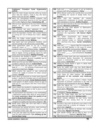 GENERAL AWARENESS – MARCH 2015 90
Employees' Provident Fund Organization
(EPFO)
674) Name the India’s largest domestic airline by market
share that has signed a deal to buy 250 latest
Airbus A-320 neo aircrafts: IndiGo
675) Name the international financial magazine that
awarded “Central Bank Governor of the Year Award
2014” to Mr. Raghuram Rajan: Euromoney, UK
676) Who has been appointed as the new Chief Economic
Adviser to the Union Government: Arvind
Subramanian
677) Rajiv Mehrishi has been appointed to which
important position: Union Finance Secretary
678) Name the Australian cricketer who created history
by scoring 341 runs in limited over match: James
Tull
679) Name the Indian nuclear-capable cruise missile
tested successfully recently: Nirbhay
680) How many new non permanent members were
elected recently to the UN Security Council: Five
681) Union government plans to set up a mega
handicraft cluster in_______, Gujarat to promote
handicraft items and craft based textiles: Kachch
682) ____________ has become number one state in the
field of organic farming producing about five lakh
metric ton of farm products: Madhya Pradesh
683) Government has decided to import ______for the
first time to augment domestic availability and to
check its rising prices: Potatoes
684) Which bank has won the IDRBT Banking Technology
Excellence award for 2013-14: Federal Bank
685) The Reserve Bank has signed a pact with Central
Bank of _________ for exchange of information and
supervisory cooperation: Kenya
686) Which country has agreed to sign commercial
contracts for supply of uranium for Indian nuclear
reactors: Canada
687) Which Bank has launched an instant bank payment
product – KayPay for Facebook users to send money
to each other in an instant: Kotak Mahindra Bank
688) Cricket players of which country refused to play in
India due to a pay dispute with their cricket board:
West Indies
689) Union Cabinet has decided to completely deregulate
the prices of which product to link its prices to the
market forces: Diesel
690) The government has launched a new methodology
—National Air Quality Index (AQI) for what purpose:
To create awareness about the quality of air
and its likely health impact
691) The recently launched National Air Quality Index will
categorize air quality into how many categories: Six
692) World Junior Chess title 2014 was held at which
place in India: Pune
693) Central govt has advised all states, union territories
and Central Armed Police Forces to recruit ___ per
cent women in their ranks: 33
694) A five year old Indian boy Harshit Saumitra was in
news for what achievement: For climbing up the
Everest Base Camp
695) India and _____ have agreed to set up hotlines
between their army headquarters: China
696) Which African country has recently been successful
in controlling the spread of deadly Ebola virus:
Nigeria
697) Which state has launched the Farmers
Empowerment Corporation to provide agricultural
debt redemption to farmers: Andhra Pradesh
698) Who has been elected as the new Chief Minister of
Haryana: Manohar Lal Khattar
699) Name the new Chief Minister of Maharashtra:
Devendra Fadnavis
700) India has been re-elected as member of which
important UN organization: UN Human Rights
Council
701) The Union Government has decided to
commemorate October 31 - birth anniversary of
which National Leader as “National Integration
Day”- Rashtriya Ekta Diwas: Sardar Vallabhbhai
Patel
702) India and ________ signed a MoU for cooperation in
space and work together in the areas of remote
sensing and satellite communication: Mexico
703) Jagdish Sharan Pande who passed away recently
was a noted ________ from Uttarakhand: Freedom
Fighter
704) Name the Indian boxer who was suspended by the
International Boxing Association for protesting
against a controversial verdict at 2014 Incheon
Asian Games: Sarita Devi
705) Wildscreen Panda Award is given in which field:
Wildlife Photography
706) Name the Indian cueist who won World Billiards
Championships in both – point and time formats at
Leeds, United Kingdom: Pankaj Advani
707) Union Government launched Jammu Kashmir Arogya
Gram Yojna for what purpose: To promote
cultivation of the aromatic and medicinal
plants
708) India and ______ have signed a Power Trade
Agreement to promote cooperation in the field of
production and transmission of electricity: Nepal
709) India has signed the __________Convention on
Mercury to control and reduce emissions from the
power plants: Minamata
710) ___________ won the WTA Finals cup of tennis
at Singapore: Serena Williams
711) Name the Indian golfer who won the Venetian
Macau Open Golf Cup 2014: Anirban Lahiri
712) Which country withdrew its last forces from
Afghanistan, after serving there for 13 years:
Britain
713) Recently a big crude oil discovery was made in the
Cambay basin by a private oil company. It is in
which state: Gujarat
714) Name the Prime Minister of Vietnam who recently
visited India: Nguyen Tan Dung
715) 25th ASEAN Summit will be held on Nov 12-13
at_____________ Myanmar: Nay Pyi Taw
716) Dilma Rousseff has been re-elected as the President
 