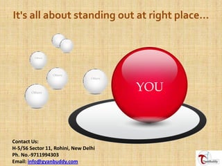 It's all about standing out at right place...


         Others




                  Others
                                 Others



        Others
                                          YOU



Contact Us:
H-5/56 Sector 11, Rohini, New Delhi
Ph. No.-9711994303
Email: info@gyanbuddy.com
 