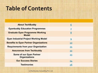 About TechBuddy                               6
 Gyanbuddy Education Programmes                         7
 Graduate Gyan Programme Working                        8
              Model
Gyan Industrial Project Working Model                   9
Benefits to Gyan Partner Organizations                  10
Requirements from your Organization                     21
     Assurances from Techbuddy                          22
      Some of our Gyan Partner                          23
           Organizations
         Our Success Stories                            24
             Testimonies                                26

                    (c)Techbuddy Consulting Pvt. Ltd.
 