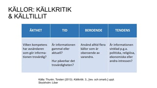 KÄLLOR: KÄLLKRITIK
& KÄLLTILLIT
Källa: Thurén, Torsten (2013). Källkritik. 3., [rev. och omarb.] uppl.
Stockholm: Liber
 