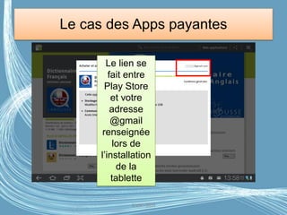 Le cas des Apps payantes
Apps à l’honneur
Le lien se
fait entre
Play Store
et votre
adresse
@gmail
renseignée
lors de
l’installation
de la
tablette
G.VM - 2016
 