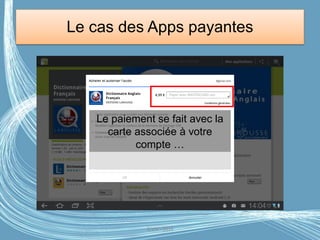 Le cas des Apps payantes
Apps à l’honneur
Le paiement se fait avec la
carte associée à votre
compte …
G.VM - 2016
 