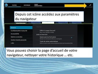 G.VM - 2016
Depuis cet icône accédez aux paramètres
du navigateur
Vous pouvez choisir la page d’accueil de votre
navigateur, nettoyer votre historique … etc.
 
