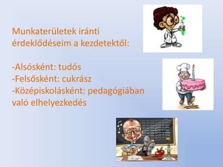 Munkaterületek iránti
érdeklődéseim a kezdetektől:

-Alsósként: tudós
-Felsősként: cukrász
-Középiskolásként: pedagógiában
való elhelyezkedés
 