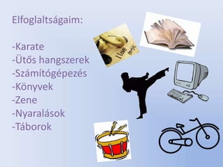 Elfoglaltságaim:

-Karate
-Ütős hangszerek
-Számítógépezés
-Könyvek
-Zene
-Nyaralások
-Táborok
 