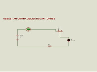 Sebastián Ospina
Jeider Duvan Torres
901
Saludcoop sur
2012
Bogotá TORRES
SEBASTIAN OSPINA JEIDER DUVAN D.C

RV1

+88.8

10k

mA
51%

BAT1
9V

D1
LED-BLUE

R1
100K

 