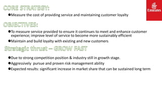 Measure the cost of providing service and maintaining customer loyalty
To measure service provided to ensure it continues to meet and enhance customer
experience; improve level of service to become more sustainably efficient
Maintain and build loyalty with existing and new customers
Due to strong competition position & industry still in growth stage.
Aggressively pursue and proven risk management ability
Expected results: significant increase in market share that can be sustained long term
 