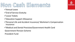 Annual Leave
End of Service Gratuity
Leave Tickets
Education Support Allowance
Personal Life and Accident Insurance/ Workmen's Compensation
Insurance
Medical and Dental Provision/Government Health Card
Government Pension Scheme
Provident Fund
 