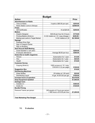 Budget
Action                                                                           Price
Advertisement on Radio
  Time on Radio                                    3 spots a $85.00 per spot      $255.00
  Radio Station come to Stroops                                                  $2500.00
Prizes
  Gift Certificates                                              10 at $25.00     $250.00
Mailers
  Graphic Designer                               $35.00 per hour for 5 hours       $175.00
  Printing Mailers (Kinko’s)             9,122 mailers at .10 / copy (4/page )    $229.00
  Mailing post cards to Target Market                    9,122 mailers at .24    $2,189.00
Signage
  Antelope Drive Sign
  Sign in Freeport Center
  Sign on Building
Semi-Annual Staff Meeting
  Guest Speaker (1 per year)                                                      $250.00
  Employee attendance                                Average $8.00 per hour       $300.00
Subscribe to health magazines
  Fitness                                             Subscription for 1 year      $13.00
  Flex                                                Subscription for 1 year      $25.00
  Health                                              Subscription for 1 year      $15.00
Customer Survey
  Copying (Kinko’s)                                1000 surveys at .10 / copy
                                                     $ 50.00 x 2 (2 per page)     $100.00
Suggestion Box                                                                     $10.00
Disinfecting Machines
  Water Bottles                                       25 bottles at 1.00 each       $25.00
  Disinfecting Liquid                               10 gal. At $10.00 per gal.     $100.00
Increase hours of operation                                                      $5,476.00
Keep Equipment Updated                                                           $1,000.00
Garbage Cans
  Outside (1)                                                                     $300.00
  Inside (4)                                                                      $120.00
Bundle Pricing
Personal Trainer per person                240 people at 2 hours per person
                                             = 480 hours x $15.00 per hour       $7,200.00


Total Marketing Plan Budget




      VI.     Evaluation


                                          - 13 -
 
