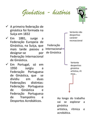 Ginástica - história
 A primeira federação de
  ginástica foi formada na                     Vertente não
  Suíça em 1832                                desportiva:
 Em 1881, surge a                             carácter
                                               recreaccional
  Federação Europeia de
  Ginástica, na Suíça, que Federação
  mais tarde passou a Internacional
  designar-se            por de Ginástica
  Federação Internacional
  de Ginástica.
                                                Vertente
 Em Portugal, só em                            desportiva:
  1950        surgiu       a                    ginástica
  Federação Portuguesa                          artística, rít
                                                mica…
  de Ginástica, que se
  dividiu      em       duas
  Federações       distintas:
  Federação Portuguesa
  de       Ginástica       e
  Federação Portuguesa
  de      Trampolins       e          Ao longo do trabalho
  Desportos Acrobáticos.              vai se explorar a
                                        ginástica
                                        artística, rítmica   e
                                        acrobática.
 