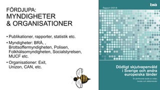 FÖRDJUPA:
MYNDIGHETER
& ORGANISATIONER
• Publikationer, rapporter, statistik etc.
• Myndigheter: BRÅ, ,
Brottsoffermyndigheten, Polisen,
Folkhälsomyndigheten, Socialstyrelsen,
MUCF etc.
• Organisationer: Exit,
Unizon, CAN, etc.
 