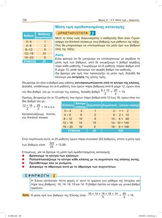 106 Μέρος Α’ - 4.5. Μέση τιμή – Διάμεσος
Μέση τιμή ομαδοποιημένης κατανομής
3ΔΡΑΣ Τ ΗΡ ΙΟ Τ ΗΤ Α
Μετά το τέλος ενός διαγωνίσματος ο καθηγητής δίνει στον Γυμνα-
σιάρχη τον διπλανό πίνακα με τους βαθμούς των μαθητών της τάξης.
Πώς θα μπορούσαμε να υπολογίσουμε τον μέσο όρο των βαθμών
όλης της τάξης;
Λύση
Είναι φανερό ότι δε μπορούμε να υπολογίσουμε με ακρίβεια τη
μέση τιμή των βαθμών, γιατί δε γνωρίζουμε τι βαθμό ακριβώς
πήρε κάθε μαθητής. Γνωρίζουμε ότι 6 μαθητές πήραν βαθμό από
8 μέχρι 12, αλλά αγνοούμε τον ακριβή βαθμό του καθενός.
Θα βρούμε μία τιμή που προσεγγίζει τη μέση τιμή, δηλαδή θα
κάνουμε μια εκτίμηση της μέσης τιμής.
Θεωρούμε ότι όλοι οι βαθμοί μιας κλάσης αντιπροσωπεύονται από το κέντρο της κλάσης.
Δηλαδή, υποθέτουμε ότι οι 6 μαθητές που έχουν πάρει βαθμούς από 8 μέχρι 12, έχουν όλοι
τον ίδιο βαθμό, ίσο με το κέντρο της κλάσης, δηλαδή βαθμό
8 + 12
2
=
20
2
= 10.
Ομοίως, θεωρούμε ότι οι 10 μαθητές που έχουν πάρει βαθμό από 12 έως 16, έχουν όλοι τον
ίδιο βαθμό ίσο με:
12 + 16
2
=
28
2
= 14 κ.ο.κ.
Κατασκευάζουμε, λοιπόν,
τον διπλανό πίνακα:
Στην περίπτωση αυτή, οι 25 μαθητές έχουν πάρει συνολικά 322 βαθμούς, οπότε η μέση τιμή
των βαθμών είναι:
322
25
= 12,88.
Eπομένως, για να βρούμε τη μέση τιμή ομαδοποιημένης κατανομής:
᭹ Βρίσκουμε τα κέντρα των κλάσεων.
᭹ Πολλαπλασιάζουμε το κέντρο κάθε κλάσης με τη συχνότητα της κλάσης αυτής.
᭹ Προσθέτουμε όλα τα γινόμενα.
᭹ Διαιρούμε το άθροισμα αυτό με το άθροισμα των συχνοτήτων.
1Ε Φ Α Ρ Μ Ο Γ Η
Η Έλενα εξετάστηκε πέντε φορές σ’ αυτό το τρίμηνο στο μάθημα της Ιστορίας και
πήρε τους βαθμούς: 16, 14, 18, 18 και 14. Τι βαθμό πρέπει να πάρει ως γενικό βαθμό
τριμήνου;
Λύση: H μέση τιμή των βαθμών της Έλενας είναι:
16 + 14 + 18 + 18 + 14
5
=
80
5
= 16.
Βαθμοί
Μαθητές
(συχνότητες)
0–4 1
4–8 2
8–12 6
12–16 10
16–20 6
ΣΥΝΟΛΟ 25
Κλάσεις
Κέντρο
κλάσης
Συχνότητα (Συχνότητα) ؒ (κέντρο κλάσης)
0 – 4 2 1 2 ؒ 1 = 2
4 – 8 6 2 6 ؒ 2 = 12
8 – 12 10 6 10 ؒ 6 = 60
12 – 16 14 10 14 ؒ 10 = 140
16 – 20 18 6 18 ؒ 6 = 108
ΣΥΝΟΛΑ 25 322
21-0085.indb 106 19/1/2013 10:04:52 μμ
 