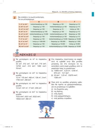 2. Nα επιλέξετε τη σωστή απάντηση.
Για να μετατρέψουμε:
Α Β Γ
1. m2
σε dm2
πολλαπλασιάζουμε με 100 διαιρούμε με 100 διαιρούμε με 10
2. dm2
σε cm2
διαιρούμε με 100 πολλαπλασιάζουμε με 100 διαιρούμε με 10
3. cm2
σε mm2
διαιρούμε με 100 διαιρούμε με 10 πολ/με με 100
4. dm2
σε m2
πολλαπλασιάζουμε με 100 διαιρούμε με 100 διαιρούμε με 10
5. cm2
σε dm2
πολλαπλασιάζουμε με 10.000 πολλαπλασιάζουμε με 100 διαιρούμε με 100
6. mm2
σε cm2
διαιρούμε με 100 πολλαπλασιάζουμε με 100 διαιρούμε με 10
7. m2
σε cm2
διαιρούμε με 100 πολλαπλασιάζουμε με 10.000 διαιρούμε με 10.000
8. m2
σε mm2
πολ/με με 1.000.000 διαιρούμε με 100.000 διαιρούμε με 1.000
9. cm2
σε m2
διαιρούμε με 100 διαιρούμε με 10.000 πολ/με με 10.000
10. mm2
σε dm2
διαιρούμε με 100 πολλαπλασιάζουμε με 10.000 διαιρούμε με 10.000
118 Μέρος Β’ - 1.2. Μονάδες μέτρησης επιφανειών
ΑΣΚΗΣΕΙΣ
1 Nα μετατρέψετε σε m2
τα παρακάτω
μεγέθη:
32 cm2
, 312 cm2
, 127 km2
, 710 dm2
,
12720 mm2
, 212 dm2
, 1280 mm2
,
79 km2
.
2 Nα μετατρέψετε σε cm2
τα παρακάτω
μεγέθη:
12 m2
, 175 dm2
, 456 m2
, 136 m2
, 3 km2
,
1750 mm2
, 256 km2
.
3 Nα μετατρέψετε σε mm2
τα παρακάτω
μεγέθη:
12 km2
, 431 m2
, 17 dm2
, 236 cm2
.
4 Nα μετατρέψετε σε km2
τα παρακάτω
μεγέθη:
7233 mm2
, 4321 cm2
, 6322 dm2
,
14632 mm2
, 560 m2
.
5 Στις παρακάτω περιπτώσεις να εκφρά-
σετε τα εμβαδά στην ίδια μονάδα
μέτρησης και στη συνέχεια να τις
κατατάξετε κατά σειρά μεγέθους από το
μικρότερο προς το μεγαλύτερο.
α) 13850 mm2
, 0,23 m2
, 0,48 m2
,
670 cm2
, 13,7 dm2
.
β) 32 dm2
, 1,23 m2
, 23270 mm2
,
1356 cm2
.
6 Ποια από τις μονάδες μέτρησης εμβα-
δού θα πρέπει να χρησιμοποιήσουμε,
για να μετρήσουμε το εμβαδόν:
α) του δωματίου μας,
β) της Κρήτης,
γ) ενός αγρού,
δ) ενός γραμματόσημου,
ε) ενός φύλλου τετραδίου.
21-0085.indb 118 19/1/2013 10:05:24 μμ
 