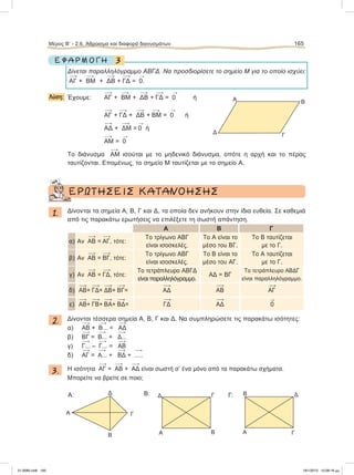 3Ε Φ Α Ρ Μ Ο Γ Η
Δίνεται παραλληλόγραμμο ΑΒΓΔ. Να προσδιορίσετε το σημείο Μ για το οποίο ισχύει:
ΑΓ + ΒΜ + ΔΒ + ΓΔ =

0.
Λύση: Έχουμε: ΑΓ + ΒΜ + ΔΒ + ΓΔ =

0 ή
ΑΓ + ΓΔ + ΔΒ + ΒΜ =

0 ή
ΑΔ + ΔM =

0 ή
ΑΜ =

0
Το διάνυσμα ΑΜ ισούται με το μηδενικό διάνυσμα, οπότε η αρχή και το πέρας
ταυτίζονται. Επομένως, το σημείο Μ ταυτίζεται με το σημείο Α.
ΕΡΩΤΗΣΕΙΣ ΚΑΤΑΝΟΗΣΗΣ
1. Δίνονται τα σημεία Α, Β, Γ και Δ, τα οποία δεν ανήκουν στην ίδια ευθεία. Σε καθεμιά
από τις παρακάτω ερωτήσεις να επιλέξετε τη σωστή απάντηση.
Α Β Γ
α) Αν ΑΒ = ΑΓ, τότε:
Το τρίγωνο ΑΒΓ
είναι ισοσκελές.
Το Α είναι το
μέσο του ΒΓ.
Το Β ταυτίζεται
με το Γ.
β) Αν ΑΒ = BΓ, τότε:
Το τρίγωνο ΑΒΓ
είναι ισοσκελές.
Το Β είναι το
μέσο του ΑΓ.
Το Α ταυτίζεται
με το Γ.
γ) Αν ΑΒ = ΓΔ, τότε:
Το τετράπλευρο ΑΒΓΔ
είναι παραλληλόγραμμο.
ΑΔ = ΒΓ
Το τετράπλευρο ΑΒΔΓ
είναι παραλληλόγραμμο.
δ) ΑΒ+ ΓΔ+ ΔΒ+ ΒΓ= ΑΔ ΑΒ ΑΓ
ε) ΑΒ+ ΓB+ BA+ ΒΔ= ΓΔ ΑΔ

0
2. Δίνονται τέσσερα σημεία Α, Β, Γ και Δ. Να συμπληρώσετε τις παρακάτω ισότητες:
α) ΑΒ + Β... = ΑΔ
β) ΒΓ = Β... + Δ...
γ) Γ... – Γ... = ΑΒ
δ) ΑΓ = Α... + ΒΔ + .....
3. Η ισότητα ΑΓ = ΑΒ + ΑΔ είναι σωστή σ’ ένα μόνο από τα παρακάτω σχήματα.
Μπορείτε να βρείτε σε ποιο;
Μέρος Β’ - 2.6. Άθροισμα και διαφορά διανυσμάτων 165
Α: Β: Γ:
Α
B
Γ
Δ
Α B
ΓΔ
Α
B
Γ
Δ
Δ Γ
ΒΑ
21-0085.indb 165 19/1/2013 10:08:16 μμ
 