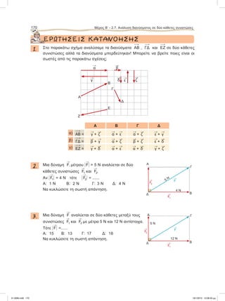 ΕΡΩΤΗΣΕΙΣ ΚΑΤΑΝΟΗΣΗΣ
1. Στο παρακάτω σχήμα αναλύσαμε τα διανύσματα 
ΑΒ , 
ΓΔ και 
ΕΖ σε δύο κάθετες
συνιστώσες αλλά τα διανύσματα μπερδεύτηκαν! Μπορείτε να βρείτε ποιες είναι οι
σωστές από τις παρακάτω σχέσεις;
Α Β Γ Δ
α) 
ΑΒ =

γ +

ζ

α +

ε

α +

ζ

ε +

γ
β) 
ΓΔ =

β +

γ

α +

ζ

β +

ζ

ε +

δ
γ) 
ΕΖ =

γ +

δ

α +

ε

α +

δ

γ +

ζ
2. Μια δύναμη

F,μέτρου Η

FΗ = 5 Ν αναλύεται σε δύο
κάθετες συνιστώσες

F1 και

F2.
Αν Η

F1Η = 4 Ν τότε Η

F2Η = ......
Α: 1 Ν Β: 2 Ν Γ: 3 Ν Δ: 4 Ν
Nα κυκλώσετε τη σωστή απάντηση.
3. Μια δύναμη

F αναλύεται σε δύο κάθετες μεταξύ τους
συνιστώσες

F1 και

F2 με μέτρα 5 N και 12 N αντίστοιχα.
Τότε Η

FΗ =......
Α: 15 Β: 13 Γ: 17 Δ: 18
Nα κυκλώσετε τη σωστή απάντηση.
170 Μέρος Β’ - 2.7. Ανάλυση διανύσματος σε δύο κάθετες συνιστώσες

α

β

γ

δ

ε

ζ
Α
Γ
Δ
Ε
Ζ
Β
Α
5 N
4 N
Δ
Γ
B
F1

F2

F
5 N
12 N
Δ
Γ
B
F1

F2

F
Α
21-0085.indb 170 19/1/2013 10:08:33 μμ
 