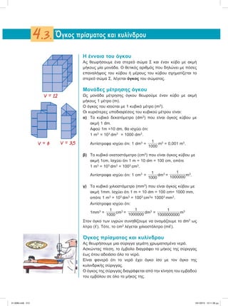 Η έννοια του όγκου
Ας θεωρήσουμε ένα στερεό σώμα Σ και έναν κύβο με ακμή
μήκους μία μονάδα. Ο θετικός αριθμός που δηλώνει με πόσες
επαναλήψεις του κύβου ή μέρους του κύβου σχηματίζεται το
στερεό σώμα Σ, λέγεται όγκος του σώματος.
Moνάδες μέτρησης όγκου
Ως μονάδα μέτρησης όγκου θεωρούμε έναν κύβο με ακμή
μήκους 1 μέτρο (m).
Ο όγκος του ισούται με 1 κυβικό μέτρο (m3
).
Οι κυριότερες υποδιαιρέσεις του κυβικού μέτρου είναι:
α) Το κυβικό δεκατόμετρο (dm3
) που είναι όγκος κύβου με
ακμή 1 dm.
Αφού 1m =10 dm, θα ισχύει ότι:
1 m3
= 103
dm3
= 1000 dm3
.
Αντίστροφα ισχύει ότι: 1 dm3
=
1
1000
m3
= 0,001 m3
.
β) Το κυβικό εκατοστόμετρο (cm3
) που είναι όγκος κύβου με
ακμή 1cm. Ισχύει ότι 1 m = 10 dm = 100 cm, οπότε
1 m3
= 103
dm3
= 1003
cm3
.
Αντίστροφα ισχύει ότι: 1 cm3
=
1
1000
dm3
=
1
1000000
m3
.
γ) Το κυβικό χιλιοστόμετρο (mm3
) που είναι όγκος κύβου με
ακμή 1mm. Ισχύει ότι 1 m = 10 dm = 100 cm= 1000 mm,
οπότε 1 m3
= 103
dm3
= 1003
cm3
= 10003
mm3
.
Αντίστροφα ισχύει ότι:
1mm3
=
1
1000
cm3
=
1
1000000
dm3
=
1
1000000000
m3
Στον όγκο των υγρών συνηθίζουμε να ονομάζουμε το dm3
ως
λίτρο (ഞ). Τότε, το cm3
λέγεται χιλιοστόλιτρο (mഞ).
Όγκος πρίσματος και κυλίνδρου
Ας θεωρήσουμε μια σύριγγα γεμάτη χρωματισμένο νερό.
Ασκώντας πίεση, το έμβολο διαγράφει το μήκος της σύριγγας
έως ότου αδειάσει όλο το νερό.
Είναι φανερό ότι το νερό έχει όγκο ίσο με τον όγκο της
κυλινδρικής σύριγγας.
Ο όγκος της σύριγγας διαγράφεται από την κίνηση του εμβαδού
του εμβόλου σε όλο το μήκος της.
Όγκος πρίσματος και κυλίνδρου4.3.
V = 12
V = 6 V = 3,5
21-0085.indb 212 19/1/2013 10:11:36 μμ
 