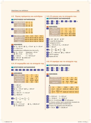 4.3 Όγκος πρίσµατος και κυλίνδρου
ΕΡΩΤΗΣΕΙΣ ΚΑΤΑΝΟΗΣΗΣ
1 Εµβαδόν βάσης (cm) 12 8 5
ύψος (cm) 3 7 6
όγκος (cm3
) 36 56 30
2 Εµβαδόν βάσης (cm) 22 9 20
ύψος (cm) 4 8 6
όγκος (cm3
) 88 72 120
3 ύψος κυλίνδρου 2 cm 4 cm 6 cm 8 cm
εµβαδόν παράπλ. Επ 16π cm2
32π cm2
48π cm2
64π cm2
oλικό εµβαδόν Εολ 48π cm2
64π cm2
80π cm2
96π cm2
όγκος V 32π cm3
64π cm3
96π cm3
128π cm3
ΑΣΚΗΣΕΙΣ:
1 α) Επ = 60 cm2
β) Εολ = 72 cm2
γ) V = 30 cm3
2 V = 216͙ෆ3 cm3
3 Aντικαθιστούµε τα δεδοµένα στον τύπο του Εολ.
4 α) Εβ = 18 cm2
, περίµετρος = 22 cm
β) ΑΒ = 2 cm, ΓΔ = 10 cm
5 ρ = 4,62 cm, V = 1407,45 cm3
6 α) 120π cm3
β) 20000 mm3
7 28,26 mg πίσσας.
4.4. Η πυραµίδα και τα στοιχεία της
ΕΡΩΤΗΣΕΙΣ ΚΑΤΑΝΟΗΣΗΣ
1 Λ 2 Σ 3 Σ 4 Λ 5 Λ 6 Σ 7 Γ 8 Β 9 Γ
ΑΣΚΗΣΕΙΣ:
1 ύψος (cm) 8 12 6
πλευρά βάσης (cm) 12 8 10,58
απόστηµα (cm) 10 12,65 8
εµβ. παρ.επιφ.(cm2
) 240 202,39 169,32
όγκος (cm3
) 384 256 336
2 V = 480 cm3
3 Eπ = 324 cm2
4 α) Επ = 144 cm2
β) Εολ = 225 cm2
5 α = 11,1 cm
6 Eπ = 320 cm2
, V = 512 cm3
7 Eολ= 62,35 cm2
8 Αν
V1
V2
= 1
9
τότε	 α1
α2
= 1
3
.
9 V = 1200 cm3
10 α) Επ = 171,7 cm2
β) Εολ = 265,23 cm2
γ) V= 249,42 cm3
4.5. Ο κώνος και τα στοιχεία του
ΕΡΩΤΗΣΕΙΣ ΚΑΤΑΝΟΗΣΗΣ
1 Λ 2 Σ 3 Σ 4 Σ 5 Β 6 Γ 7 Α
8 Β 9 Γ 10 Α
ΑΣΚΗΣΕΙΣ:
1 ύψος (cm) 4 8 10 6,7
ακτίνα βάσης (cm) 3 6 4 6
γενέτειρα (cm) 5 10 10,8 9
όγκος (cm3
) 37,68 301,44 167,47 252,45
εµβ.παράπλ. επιφ. (cm2
) 47,1 188,4 135,27 169,56
2 α) 2m3
, β) 4m3
, γ) 8m3
3 To νερό δεν θα ξεχειλίσει.
4 Tουλάχιστον 5,04 m.
5 Vολ = 301,44 cm3
, Eολ = 241,28 cm2
6 V = 335 cm3
7 α)
Ε1
Ε2
=
ΑΓ
ΑΒ
, β)
V1
V2
=
ΑΓ
ΑΒ
8 α) Eoλ = 408,2 cm2
, β) Vολ = 628 cm3
9 1570 m2
ύφασµα.
10 Περίπου 60 min.
4.6. H σφαίρα και τα στοιχεία της
ΕΡΩΤΗΣΕΙΣ ΚΑΤΑΝΟΗΣΗΣ
1 Σ 2 Σ 3 Σ 4 Λ 5 Σ
6 Γ 7 Δ 8 Γ 9 Δ 10 Δ
ΑΣΚΗΣΕΙΣ:
1 A.
ακτίνα σφαίρας (cm) 1 2 10 6
εµβαδόν επιφάνειας (cm2
) 4π 16π 400π 144π
όγκος (cm3
)
4π
3
32 π
3
4000 π
3 288π
B.
ρ 1m 10cm 3,2dm 8dm 3m
E 4π m2
400π cm2
40,96π dm2
256π dm2
36π m2
V m3 cm3
43,69π dm3 682,67π dm3
36π m3
2 Ε = 50,24 cm2
, V = 33,5 cm3
3 Ε = 100,48 m2
, V = 133,97 m2
4 Mε 2, 6, 10 αντίστοιχα. 5 157 κιλά χρώµα.
6 Οι κίτρινες µπάλες έχουν µεγαλύτερη συνολική επι-
φάνεια και µεγαλύτερο συνολικό όγκο.
7 Ο όγκος που αποµένει είναι 244.053 cm3
.
8 δ = 50 cm 9 V = 200,96 cm3
.
Απαντήσεις των ασκήσεων 249
4π
3
4000 π
3
128π cm3
21-0085.indb 249 19/1/2013 10:13:39 μμ
 