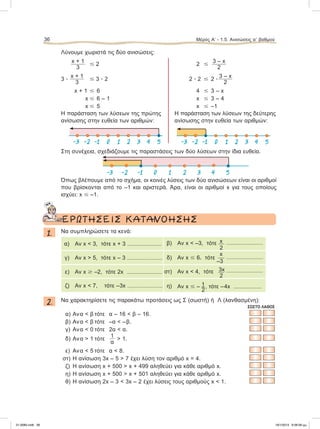 Λύνουμε χωριστά τις δύο ανισώσεις:
x + 1
3
Յ 2 2 Յ
3 – x
2
3 ؒ
x + 1
3
Յ 3 ؒ 2 2 ؒ 2 Յ 2 ؒ
3 – x
2
x + 1 Յ 6 4 Յ 3 – x
x Յ 6 – 1 x Յ 3 – 4
x Յ 5 x Յ –1
H παράσταση των λύσεων της πρώτης Η παράσταση των λύσεων της δεύτερης
ανίσωσης στην ευθεία των αριθμών: ανίσωσης στην ευθεία των αριθμών:
Στη συνέχεια, σχεδιάζουμε τις παραστάσεις των δύο λύσεων στην ίδια ευθεία.
Όπως βλέπουμε από το σχήμα, οι κοινές λύσεις των δύο ανισώσεων είναι οι αριθμοί
που βρίσκονται από το –1 και αριστερά. Άρα, είναι οι αριθμοί x για τους οποίους
ισχύει: x Յ –1.
ΕΡΩΤΗΣΕΙΣ ΚΑΤΑΝΟΗΣΗΣ
1. Nα συμπληρώσετε τα κενά:
α) Αν x < 3, τότε x + 3 .............................. β) Αν x < –3, τότε x
2
................................
γ) Αν x > 5, τότε x – 3 ............................... δ) Αν x Յ 6, τότε
x
–3
................................
ε) Αν x Ն –2, τότε 2x ............................... στ) Αν x < 4, τότε 3x
2
................................
ζ) Αν x < 7, τότε –3x ............................... η) Αν x Յ – , τότε –4x .........................
2. Να χαρακτηρίσετε τις παρακάτω προτάσεις ως Σ (σωστή) ή Λ (λανθασμένη):
ΣΩΣΤΟ ΛΑΘΟΣ
α) Ανα < β τότε α – 16 < β – 16.
β) Ανα < β τότε –α < –β.
γ) Ανα < 0 τότε 2α < α.
δ) Ανα > 1 τότε
1
α
> 1.
ε) Ανα < 5 τότε α < 8.
στ) Η ανίσωση 3x – 5 > 7 έχει λύση τον αριθμό x = 4.
ζ) Η ανίσωση x + 500 > x + 499 αληθεύει για κάθε αριθμό x.
η) Η ανίσωση x + 500 > x + 501 αληθεύει για κάθε αριθμό x.
θ) Η ανίσωση 2x – 3 < 3x – 2 έχει λύσεις τους αριθμούς x < 1.
36 Μέρος Α’ - 1.5. Ανισώσεις αЈ βαθμού
-3 -2 -1 0 1 2 3 4 5 -3 -2 -1 0 1 2 3 4 5
-3 -2 -1 0 1 2 3 4 5
21-0085.indb 36 19/1/2013 9:58:58 μμ
 