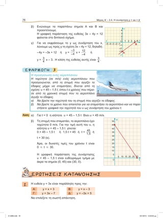 β) Ενώνουμε τα παραπάνω σημεία Α και Β και
προεκτείνουμε.
Η γραφική παράσταση της ευθείας 3x – 4y = 12
φαίνεται στο διπλανό σχήμα.
γ) Για να εκφράσουμε το y ως συνάρτηση του x,
λύνουμε ως προς y τη σχέση 3x – 4y = 12, δηλαδή:
–4y = –3x + 12 ή y =
–3
–4
x +
12
–4
ή
y =
3
4
x – 3. Η κλίση της ευθείας αυτής είναι
3
4
.
3Ε Φ Α Ρ Μ Ο Γ Η
Η προσγείωση ενός αεροπλάνου
Η ταχύτητα (σε m/s) ενός αεροπλάνου που
προσγειώνεται, από τη στιγμή που αγγίζει το
έδαφος μέχρι να σταματήσει, δίνεται από τη
σχέση: υ = 45 – 1,5 t, όπου t ο χρόνος που πέρα-
σε από τη χρονική στιγμή που το αεροπλάνο
άγγιξε το έδαφος.
α) Να βρείτε την ταχύτητά του τη στιγμή που αγγίζει το έδαφος.
β) Να βρείτε το χρόνο που απαιτείται για να σταματήσει το αεροπλάνο και να παρα-
στήσετε γραφικά την ταχύτητά του υ ως συνάρτηση του χρόνου t.
Λύση: α) Για t = 0 η ισότητα υ = 45 – 1,5 t δίνει υ = 45 m/s.
β) Τη στιγμή που σταματάει, το αεροπλάνο έχει
ταχύτητα 0 m/s. Για την τιμή αυτή του υ, η
ισότητα υ = 45 – 1,5 t γίνεται:
0 = 45 – 1,5 t ή 1,5 t = 45 ή t =
45
1,5
ή
t = 30 (s).
Άρα, οι δυνατές τιμές του χρόνου t είναι
0  t  30.
Η γραφική παράσταση της συνάρτησης
υ = 45 – 1,5 t είναι ευθύγραμμο τμήμα με
άκρα τα σημεία (0, 45) και (30, 0).
	 ΕΡΩΤΗΣΕΙΣ	ΚΑΤΑΝΟΗΣΗΣ
1. H ευθεία y = 3x είναι παράλληλη προς την:
A: y = x + 3 B: y = x – 3
Γ: y = 3x – 7 Δ: y = –3x + 5
Nα επιλέξετε τη σωστή απάντηση.
76 Μέρος Α’ - 3.4. H συνάρτηση y = αx + β
y
y9
xx9 O
1
2
3
4
–1–2–3–4–5
1 2 3 4
–1
–2
–3
5
A
B
15
20
25
30
35
40
50
10 15 20 25
10
5
5
O
30
45
U
t
21-0085.indb 76 19/1/2013 10:03:05 μμ
 
