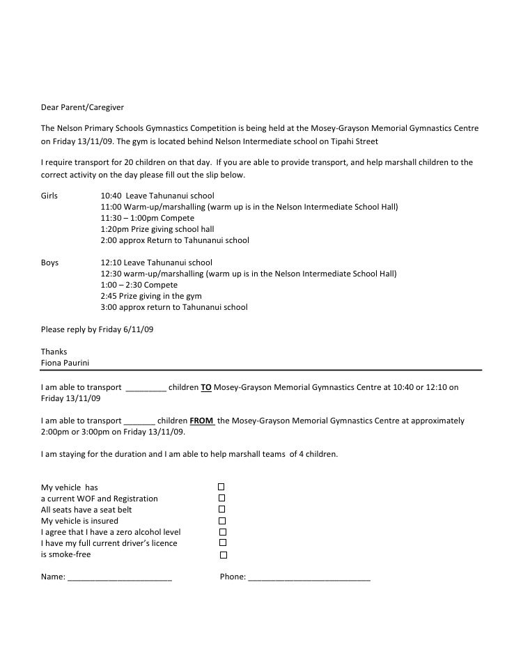 gymnastics letter to parent re transport for comp letter to parent