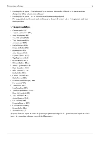 Gymnastique rythmique                                                                                                 6


    • Les catégories de niveau 1, 2 en individuelle et en ensemble, ainsi que les A fédérale et les A+ ont accès au
      championnat fédéral (championnat de France)
    • Les catégories de niveau 3 et 4 en ensemble ont accès à un challenge fédéral
    • Des équipes d'individuelles de niveau 3 combinées avec des duos de niveaux 1, 2 ou 3 ont également accès à un
      challenge fédéral


    Gymnastes célèbres
    •   Carmen Acedo (ESP)
    •   Teodora Alexandrova (BUL)
    •   Anna Bessonova (UKR)
    •   Yana Batyrchina (RUS)
    •   Yulia Barsukova (RUS)
    •   Almudena Cid (ESP)
    •   Estela Giménez (ESP)
    •   Natalia Godunko (UKR)
    •   Olga Gontar (URS)
    •   Alina Kabaeva (RUS)
    •   Evgenia Kanaeva (RUS)
    •   Olga Kapranova (RUS)
    •   Oksana Kostina (URS)
    •   Delphine Ledoux (FRA)
    •   Natalia Lipovskaya (RUS)
    •   Daria Kondakova (RUS)
    •   Daria Dmitrieva (RUS)
    •   Emilie Bohn (FRA)
    •   Carolina Pascual (ESP)
    •   Maria Petrova (BUL)
    •   Ekaterina Serebrianskaya (UKR)
    •   Eva Serrano (FRA)
    •   Vera Sessina (RUS)
    •   Irina Tchachina (RUS)
    •   Alexandra Timochenko (URS)
    •   Elena Vitrichenko (UKR)
    •   Aliya Yussupova (KAZ)
    •   Amina Zaripova (RUS)
    •   Lisa Fresnel (FRA)
    •   Evgeniya Kanaeva (RUS)
    •   Clarisse Coureau (FRA)
    •   Roxane Collet (FRA)
    •   Nastia Liukin (EU)
    De plus il existe une équipe de France de gymnastique rythmique composée de 5 gymnastes et une équipe de France
    juniors de gymnastique rythmique composée de 12 gymnastes.
 