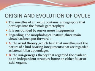 ORIGIN AND EVOLUTION OF OVULE
 The nucellus of an ovule contains a megaspore that
develops into the female gametophyte
 It is surrounded by one or more integuments
 Regarding the morphological nature ,three main
views has been put forward :-
 A. the axial theory ,which held that nucellus is of the
nature of a bud bearing integuments that are regarded
as lateral foliar appendages.
 B. the sui-geneges theory that regarded the ovule to
be an independent structure borne on either foliar or
axial organs.
 