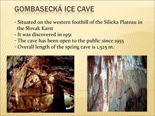 Situated on the western foothill of the Silicka Plateau in the Slovak Karst  -  It was discovered in 1951 The cave has been open to the public since 1955 Overall length of the spring cave is 1,525 m. 