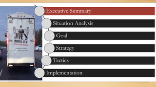 Executive Summary
Situation Analysis
Goal
Strategy
Tactics
Implementation
 