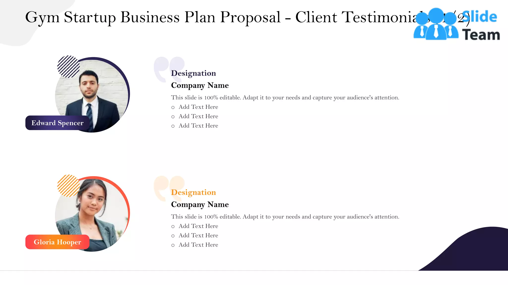 Designation
This slide is 100% editable. Adapt it to your needs and capture your audience's attention.
o Add Text Here
o Add Text Here
o Add Text Here
Company Name
Designation
This slide is 100% editable. Adapt it to your needs and capture your audience's attention.
o Add Text Here
o Add Text Here
o Add Text Here
Company Name
Gym Startup Business Plan Proposal - Client Testimonials (1/2)
23
Gloria Hooper
Edward Spencer
 
