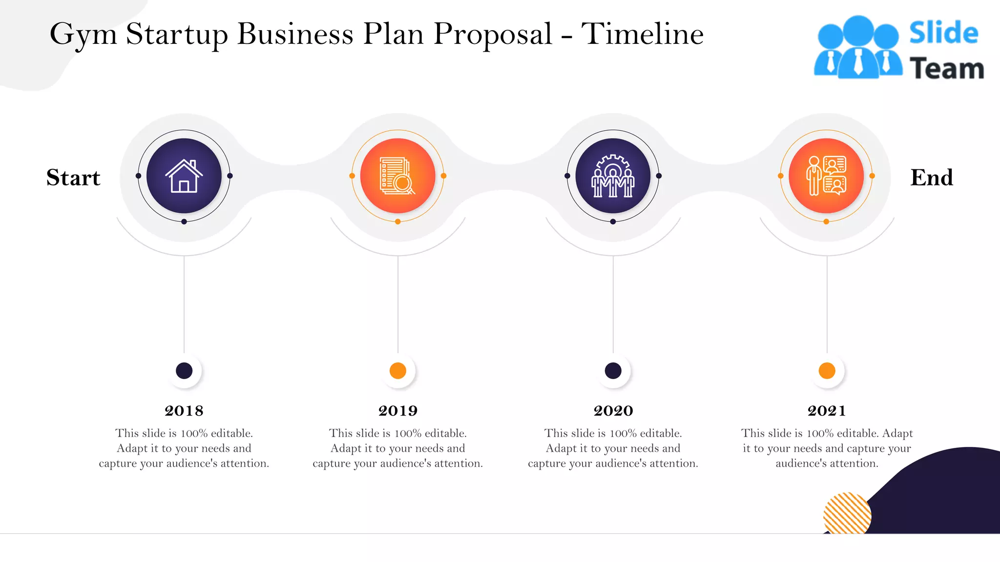 Gym Startup Business Plan Proposal - Timeline
36
Start End
2018
This slide is 100% editable.
Adapt it to your needs and
capture your audience's attention.
2019
This slide is 100% editable.
Adapt it to your needs and
capture your audience's attention.
2020
This slide is 100% editable.
Adapt it to your needs and
capture your audience's attention.
2021
This slide is 100% editable. Adapt
it to your needs and capture your
audience's attention.
 